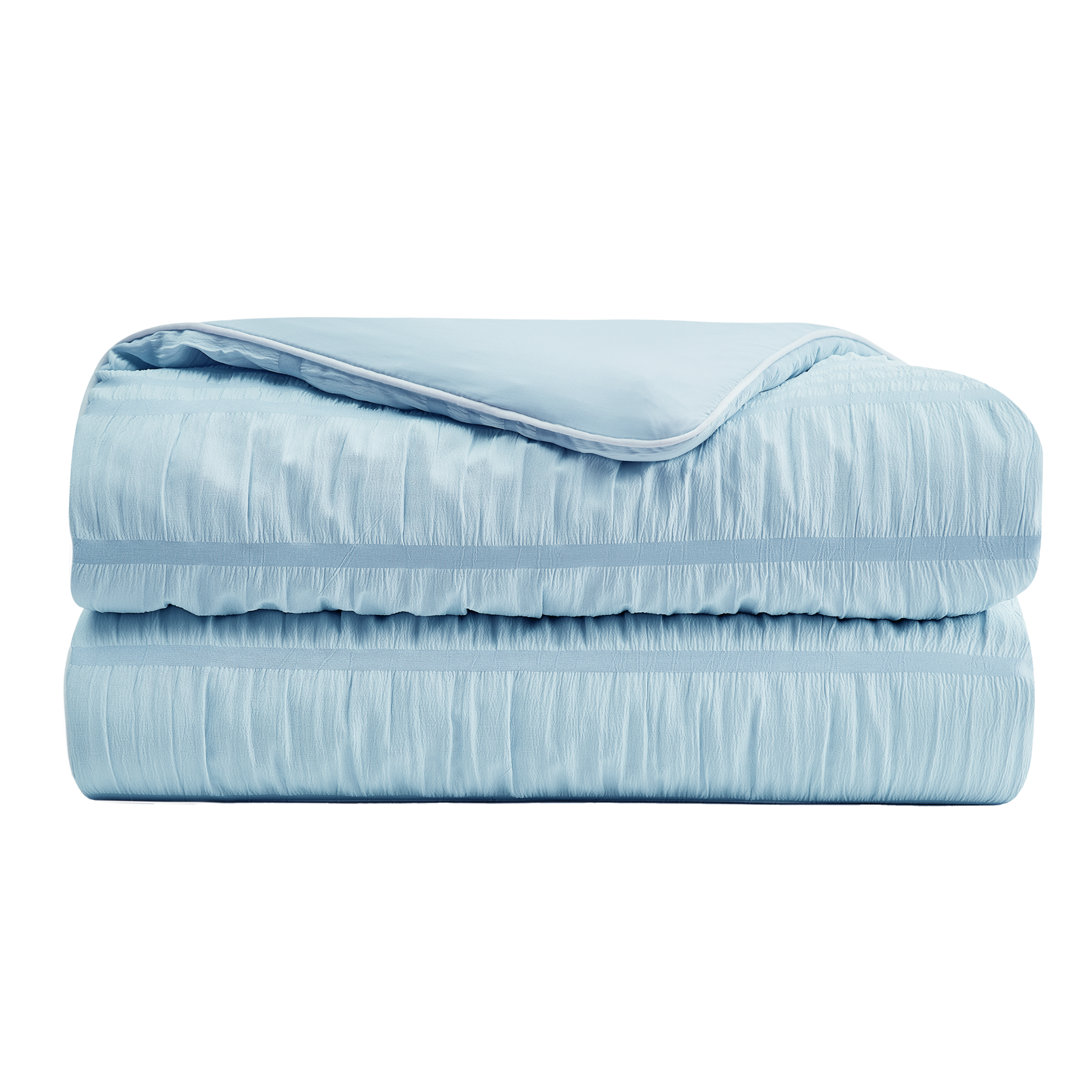 Folded blue Snuggle Sac Seersucker Cooling Comforter, featuring seersucker texture#color_Blue