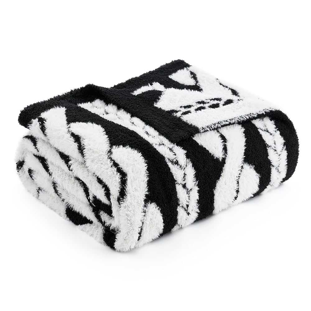 Snuggle Sac cable pattern Faux Fur Knit Throw Blanket in Black and white front view.#color_Black
