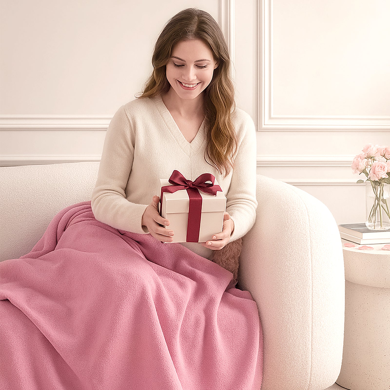 Woman sitting on sofa with a Snuggle Sac ruffle chenille knit throw blanket in Pink, holding a gift in a romantic setting #color_Pink