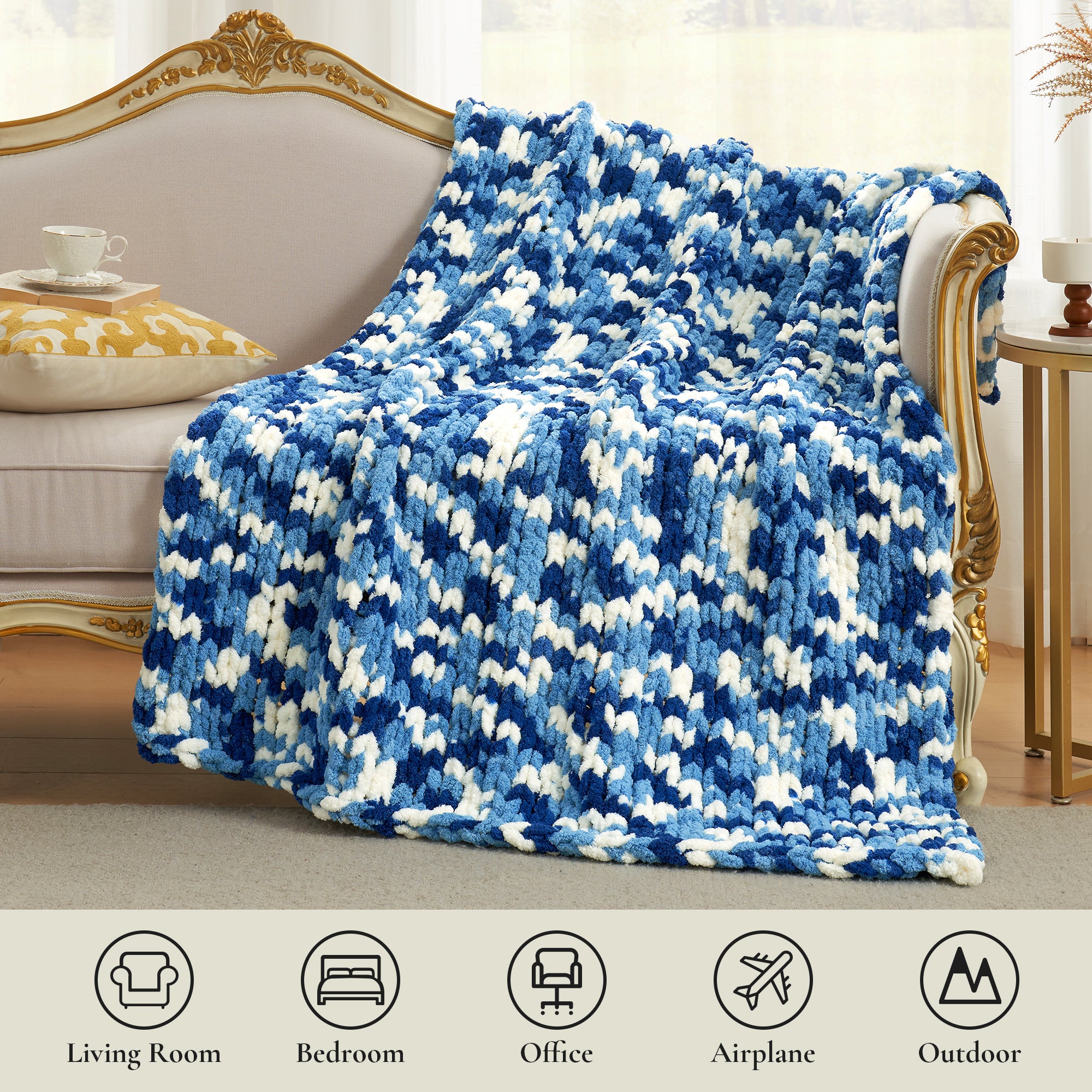 Chunky chenille knit throw blanket in Blue draped over sofa suitable for living room bedroom office and travel use #color_Blue