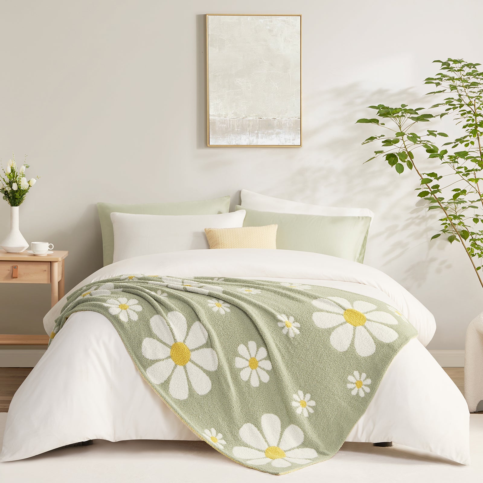 Spring Floral Feather Yarn Knit Throw Blanket on a bed in a bright room with furnitures#Color_Sage Green