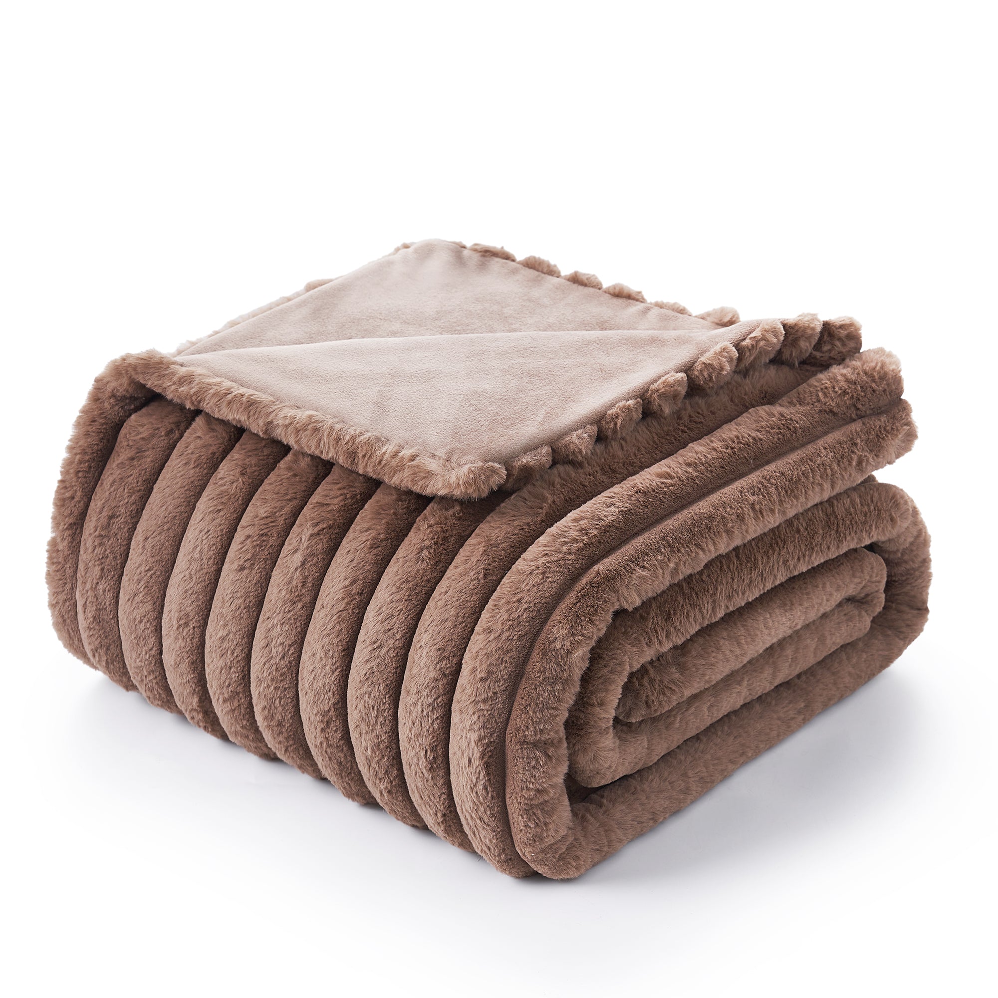 Snuggle Sac striped faux fur throw blanket in Light coffee folded front view #color_Light coffee
