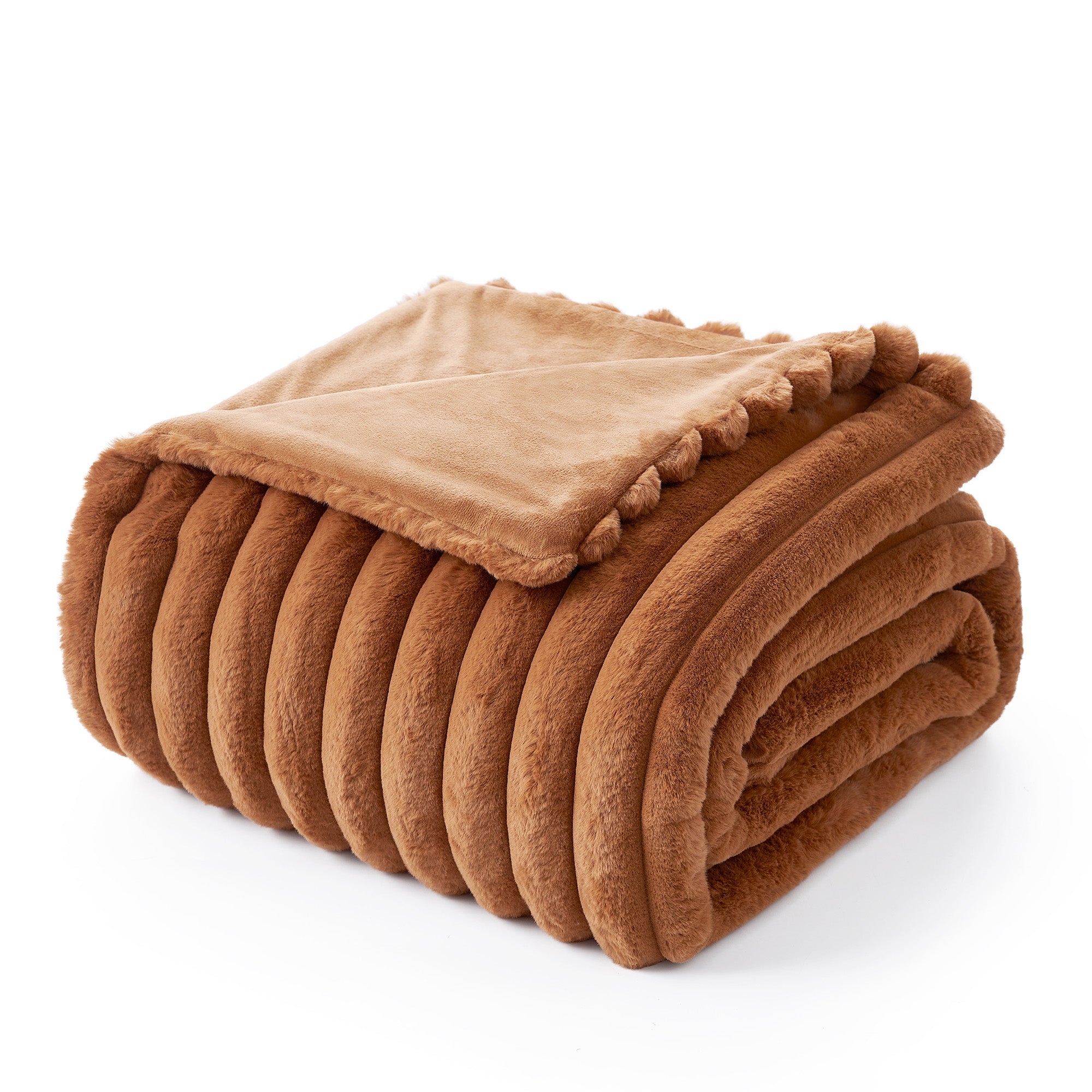 Snuggle Sac striped faux fur throw blanket in Burnt Orange folded front view #color_Burnt Orange