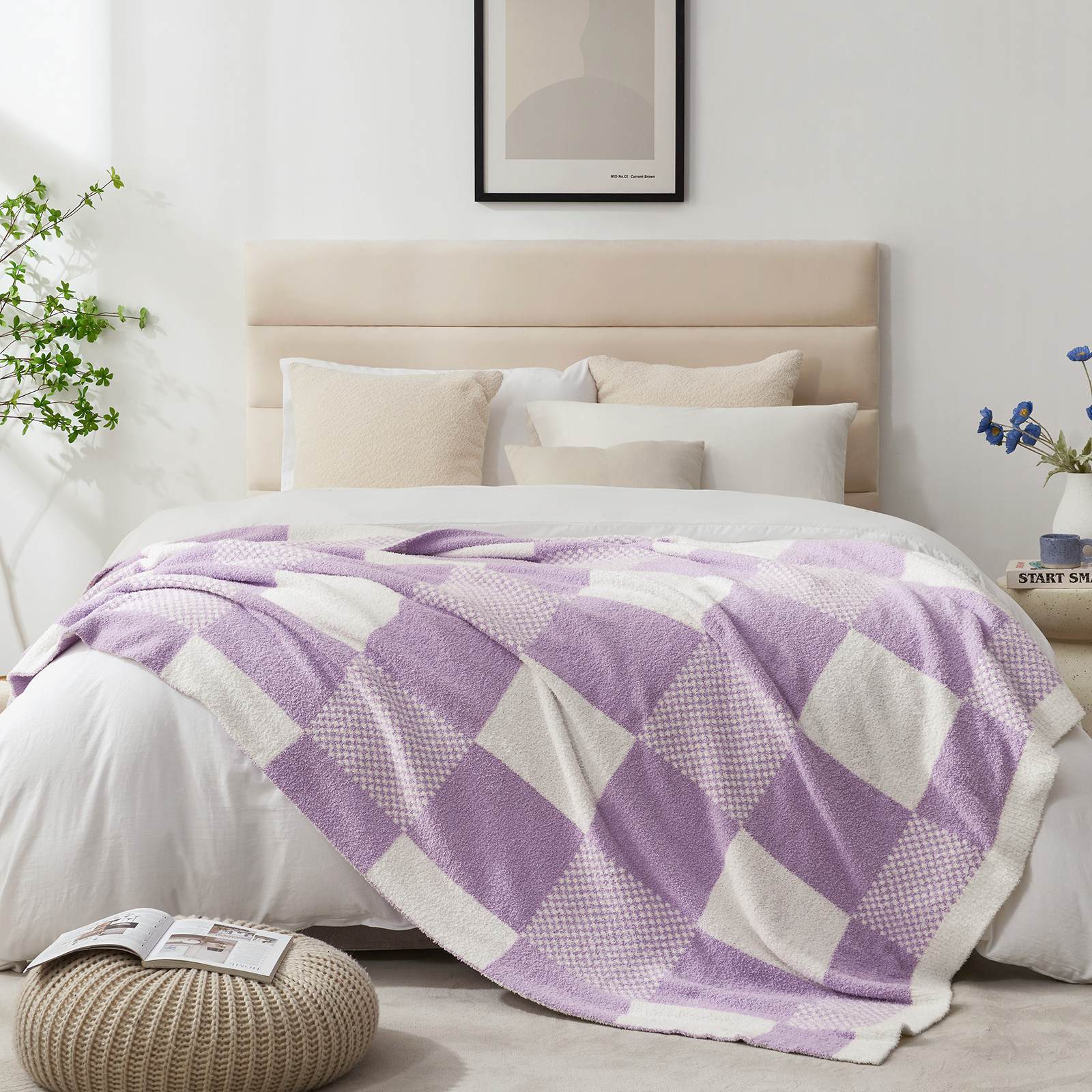 Snuggle Sac Checkered Feather Yarn Knit Throw Blanket on the bed with furnitures behind#color_Lilac