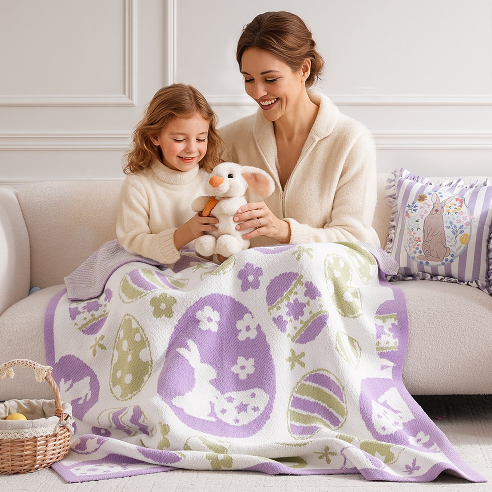 Mother and child sitting together under a soft chenille knit throw blanket in purple with bunny pattern #color_Purple