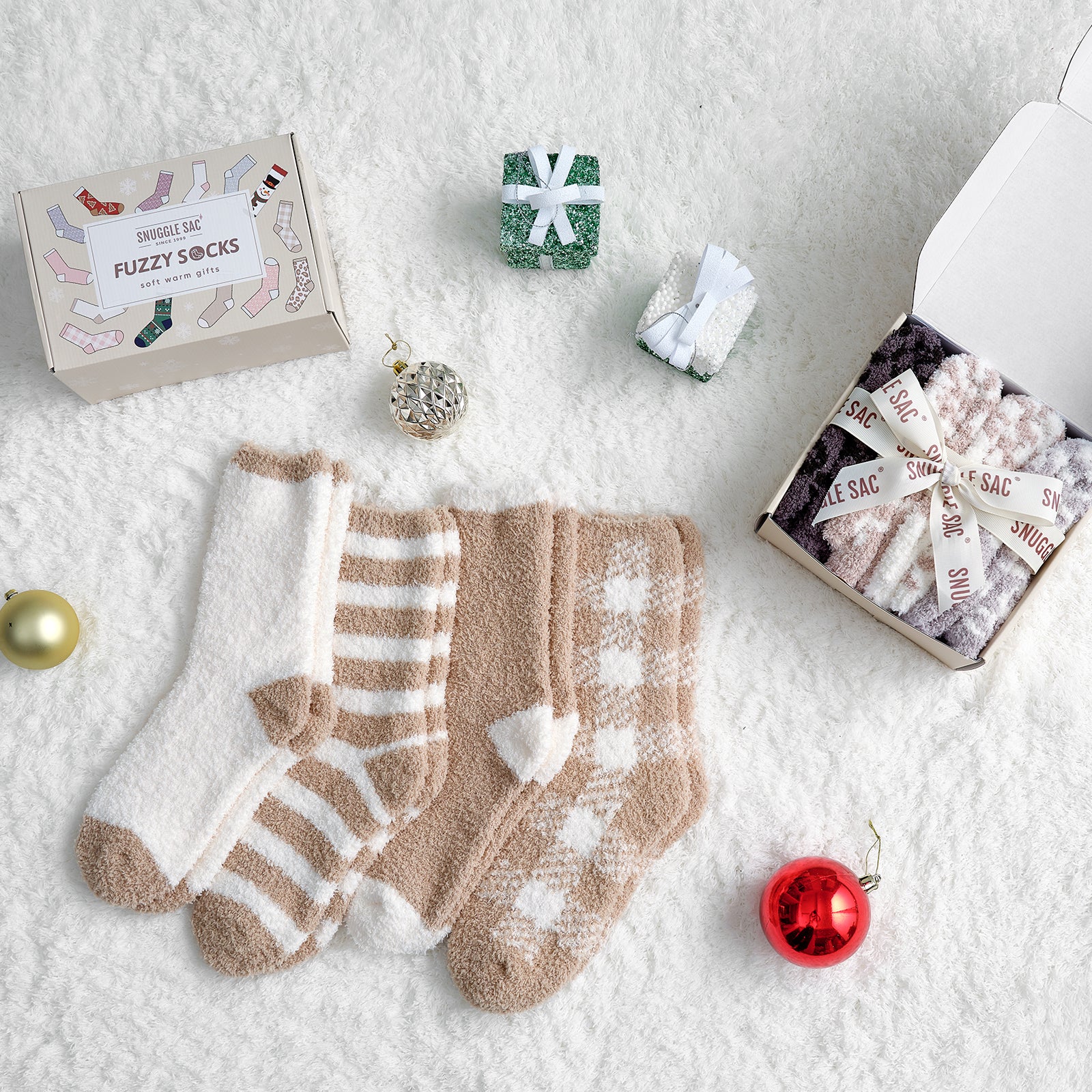 Snuggle Sac women checkered and striped socks 4 pairs in Beige displayed in a cozy holiday gift setting #color_Beige