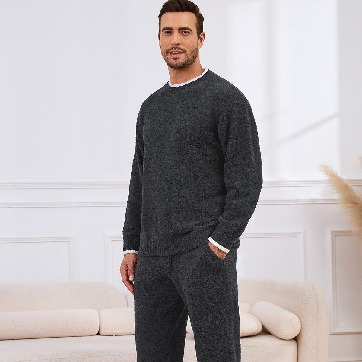 Snuggle Sac men long sleeve crewneck knit loungewear set in Dark Grey, full body front view with a relaxed and cozy indoor style #color_Dark Grey