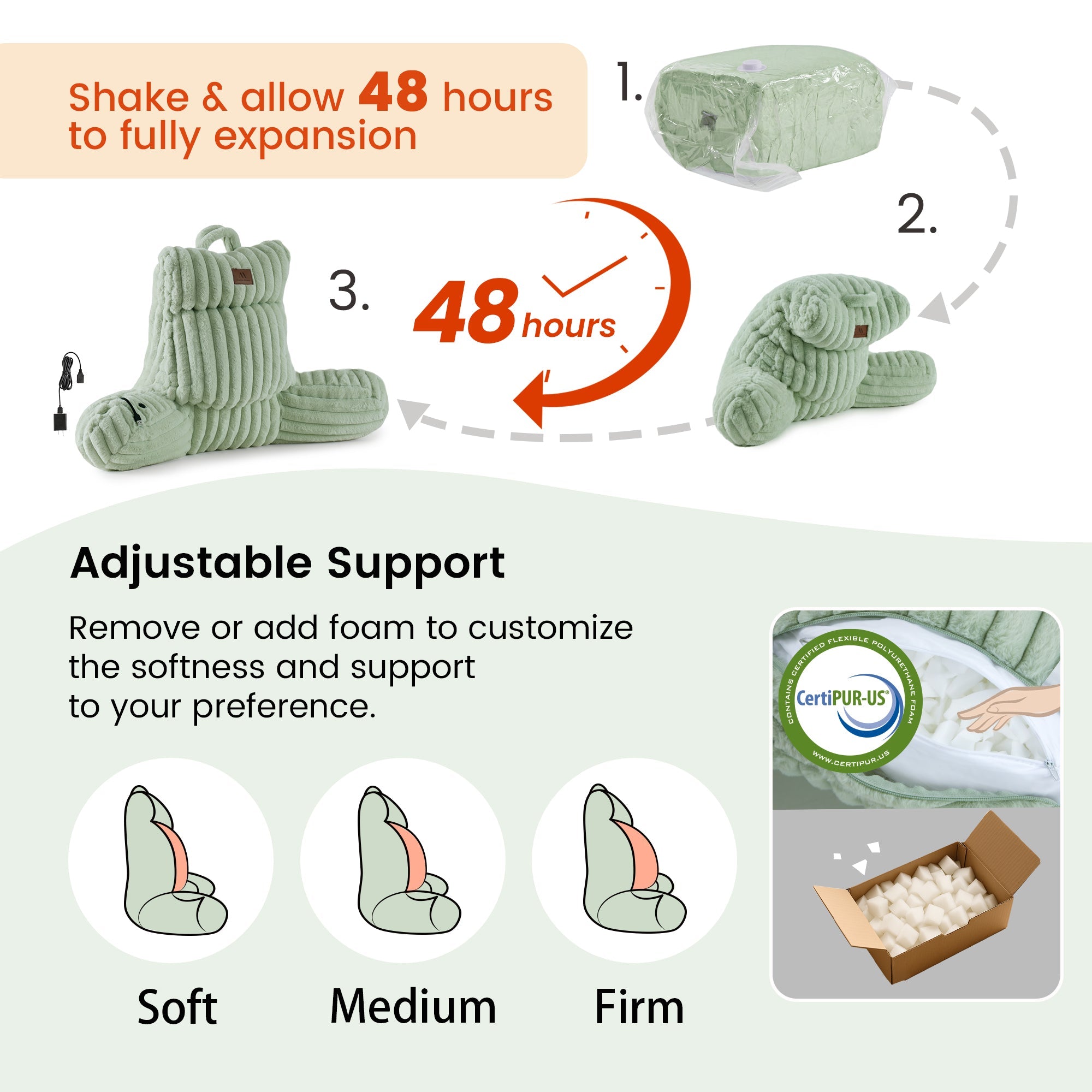 Instructions showing Snuggle Sac Heated Faux Fur Backrest Reading Pillow in sage green featuring the pillow can be adjustable according to preferences#color_Green
