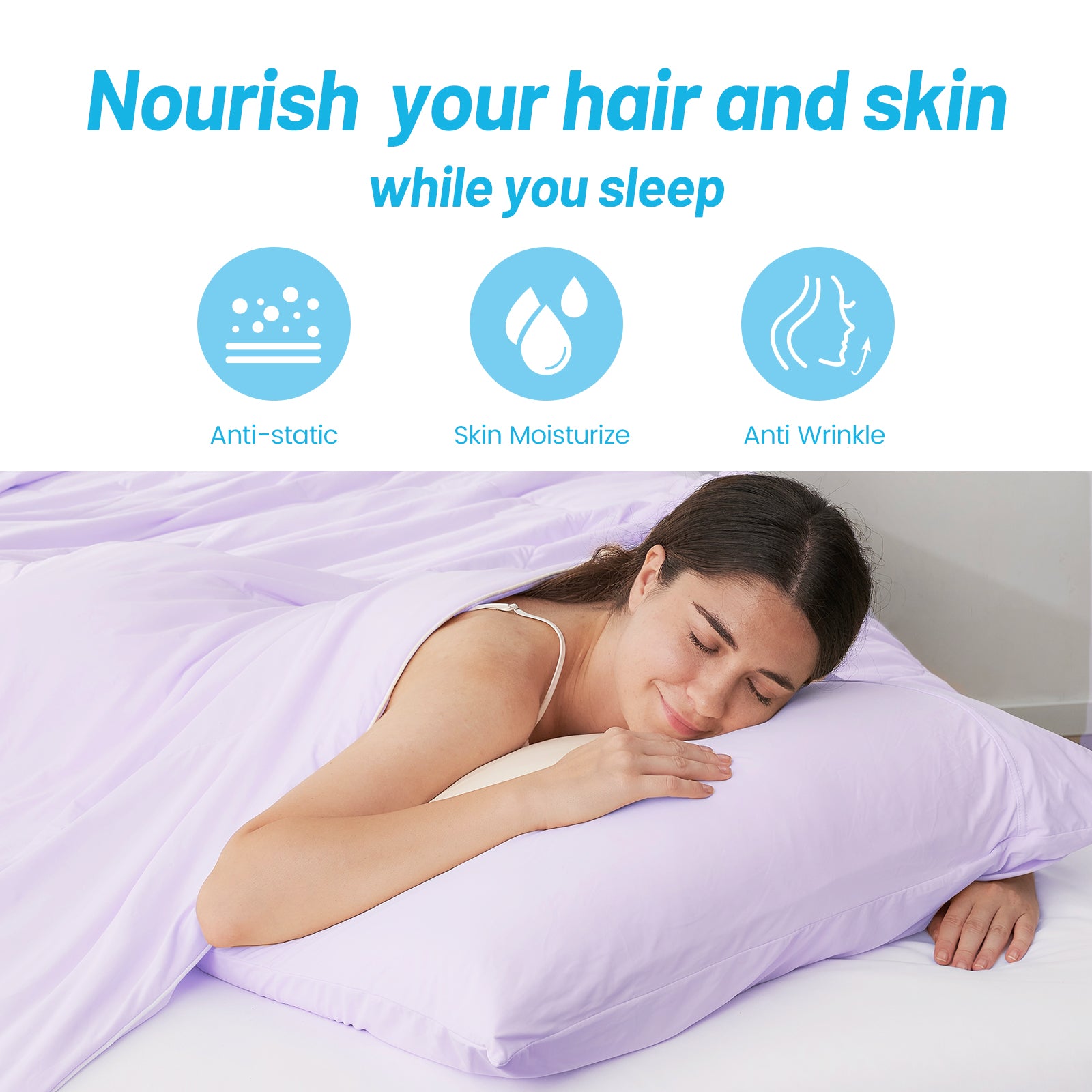 Woman sleeping on a Snuggle Sac pillow with text 'Nourish your hair and skin while you sleep' and icons for anti-static, skin moisturize, and anti-wrinkle.#Color_Purple