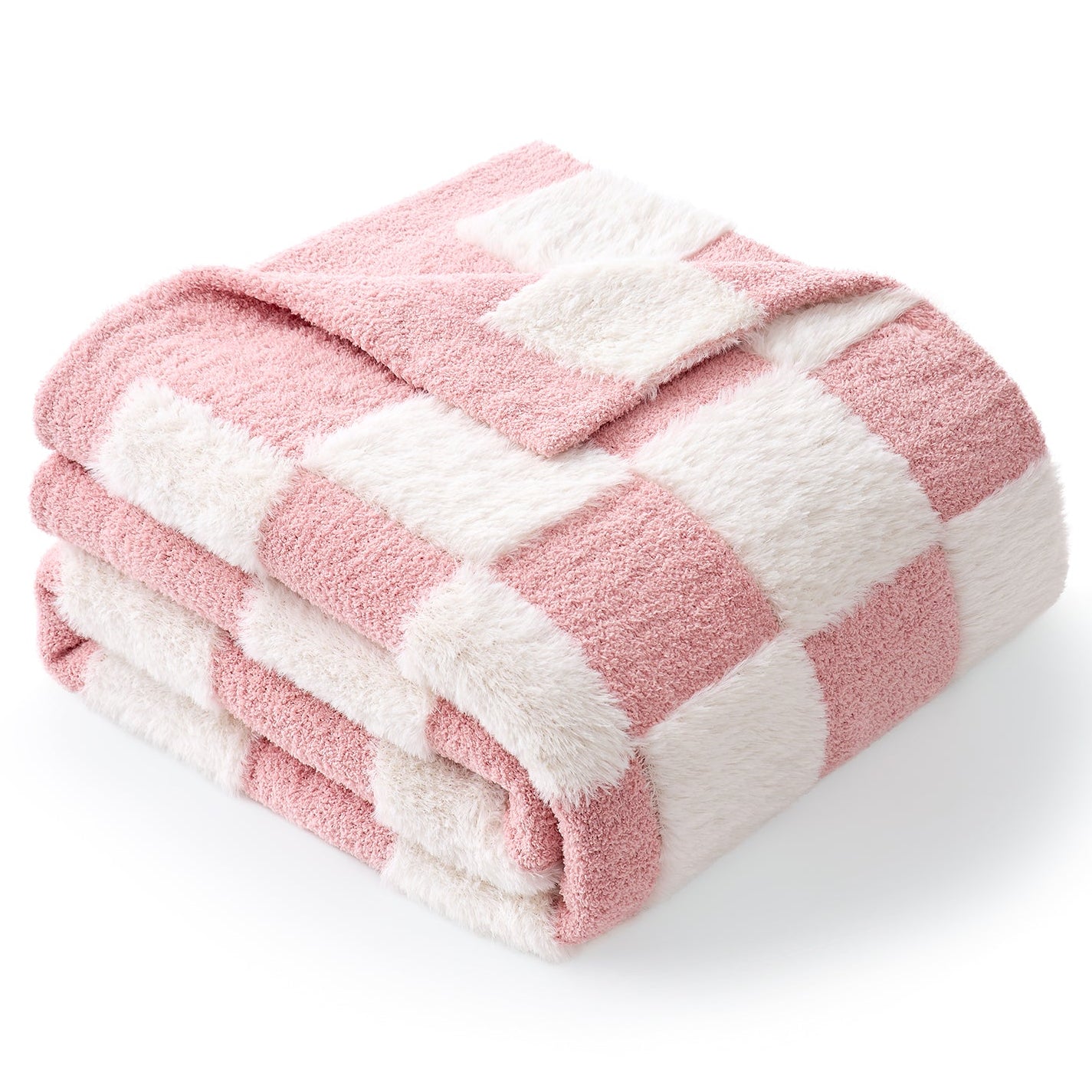 Folded UltraCozy Checkered Feather Yarn Knit Throw Blanket#Color_Pink White