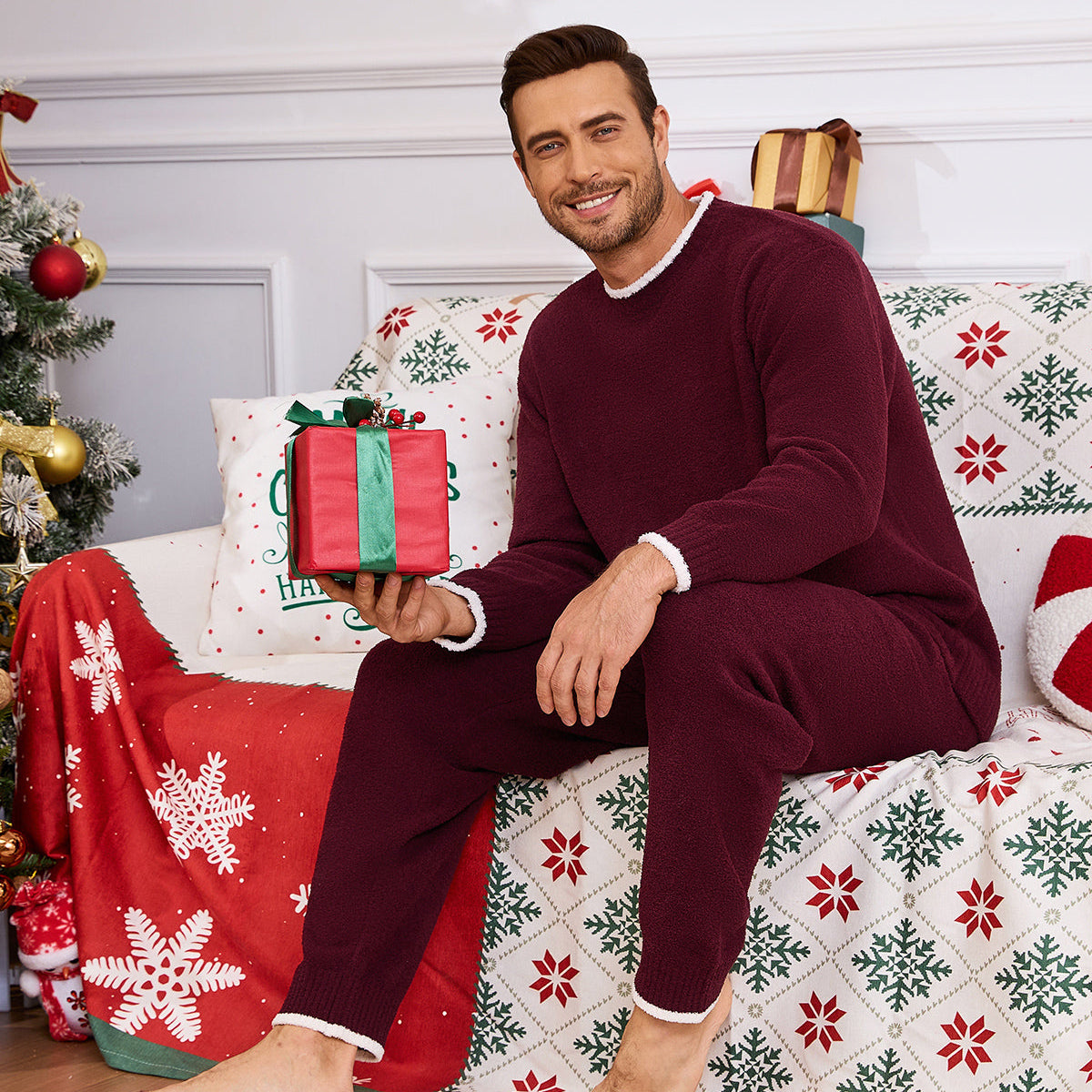 Snuggle Sac men long sleeve crewneck knit loungewear set in Christmas Red, styled in a comfortable indoor lifestyle setting #color_Christmas Red
