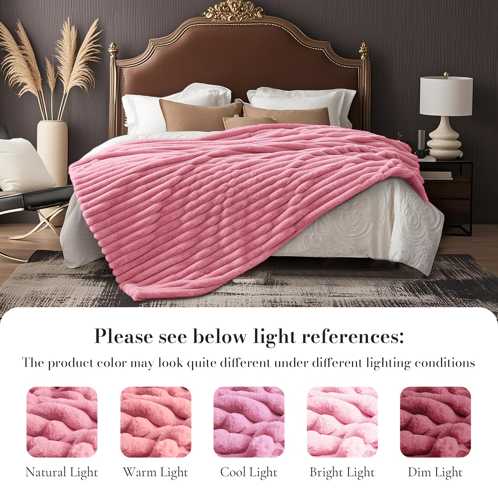 Striped faux fur throw blanket in Pink displayed on bed with lighting reference, showing color variations under different lighting conditions #color_Pink