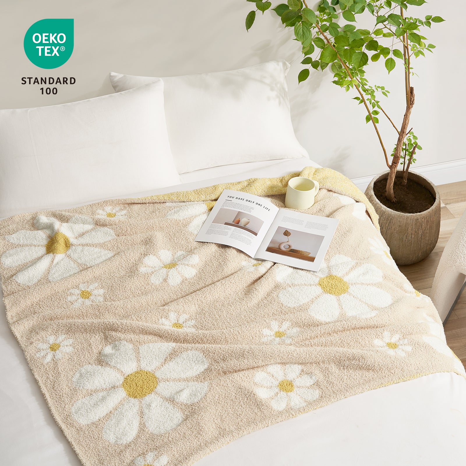 Spring Floral Feather Yarn Knit Throw Blanket on a bed in a bright room with furnitures#Color_Beige