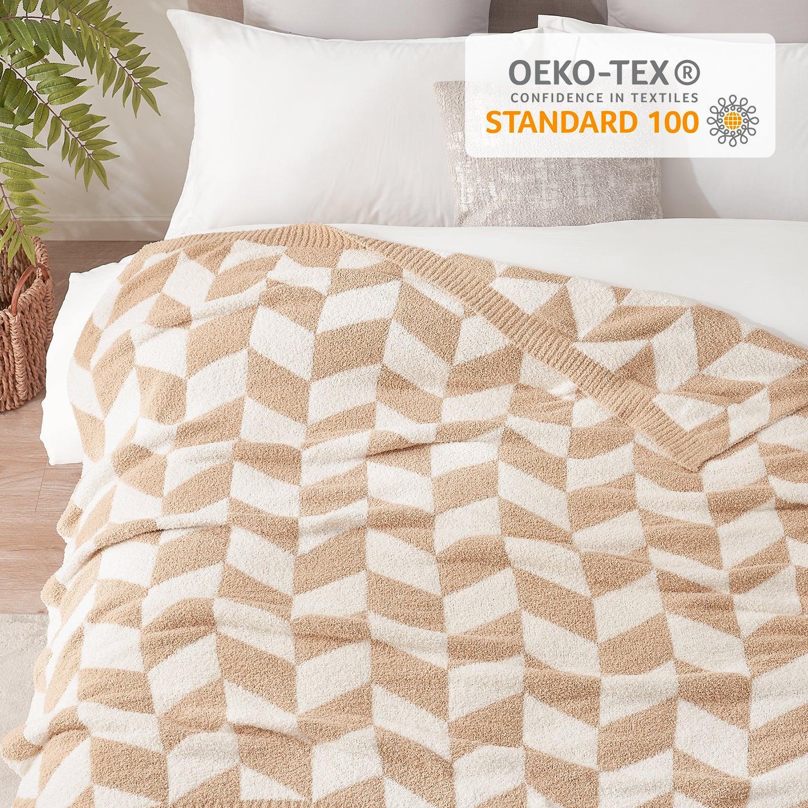 Close up of Snuggle Sacs Chevron Feather Yarn Knit Throw Blanket with OEKO-TEX Certificate#color_Beige