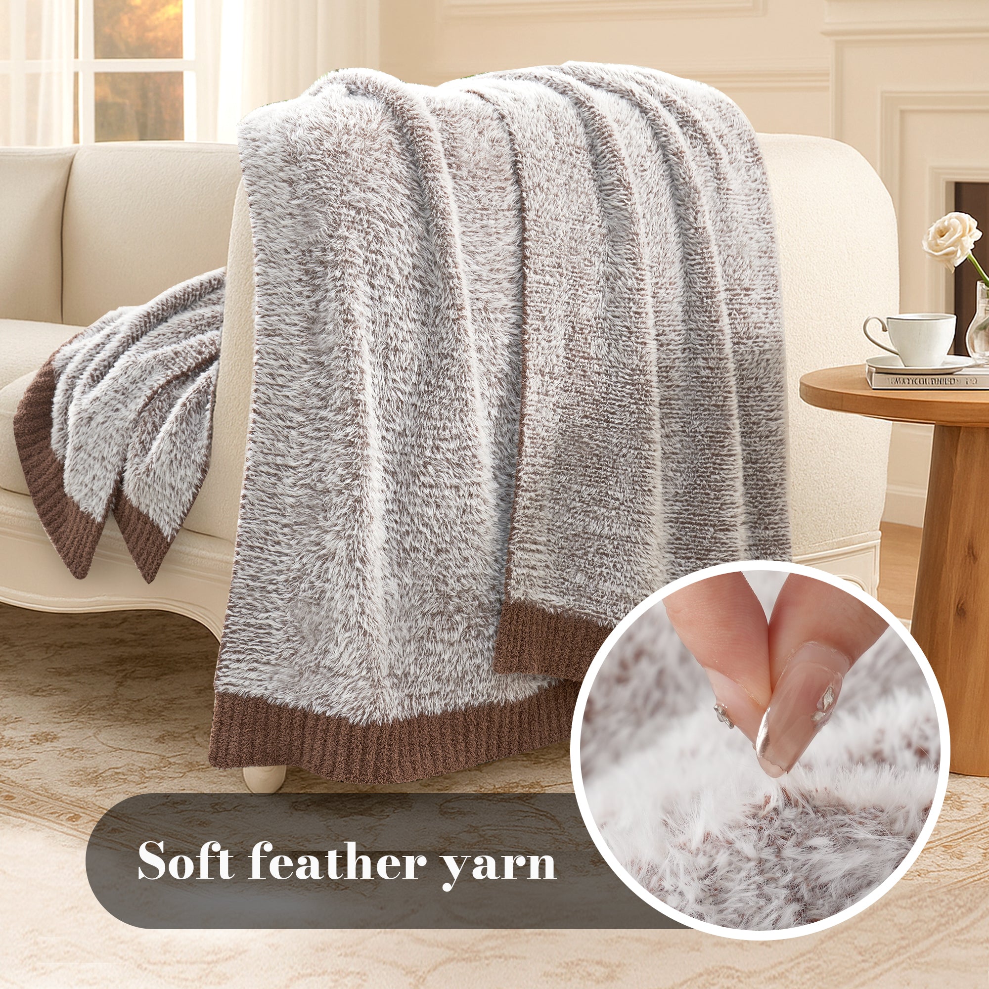 Ultrasoft faux fur knit throw blanket in Brown displayed on sofa, highlighting soft feather yarn texture #color_Brown