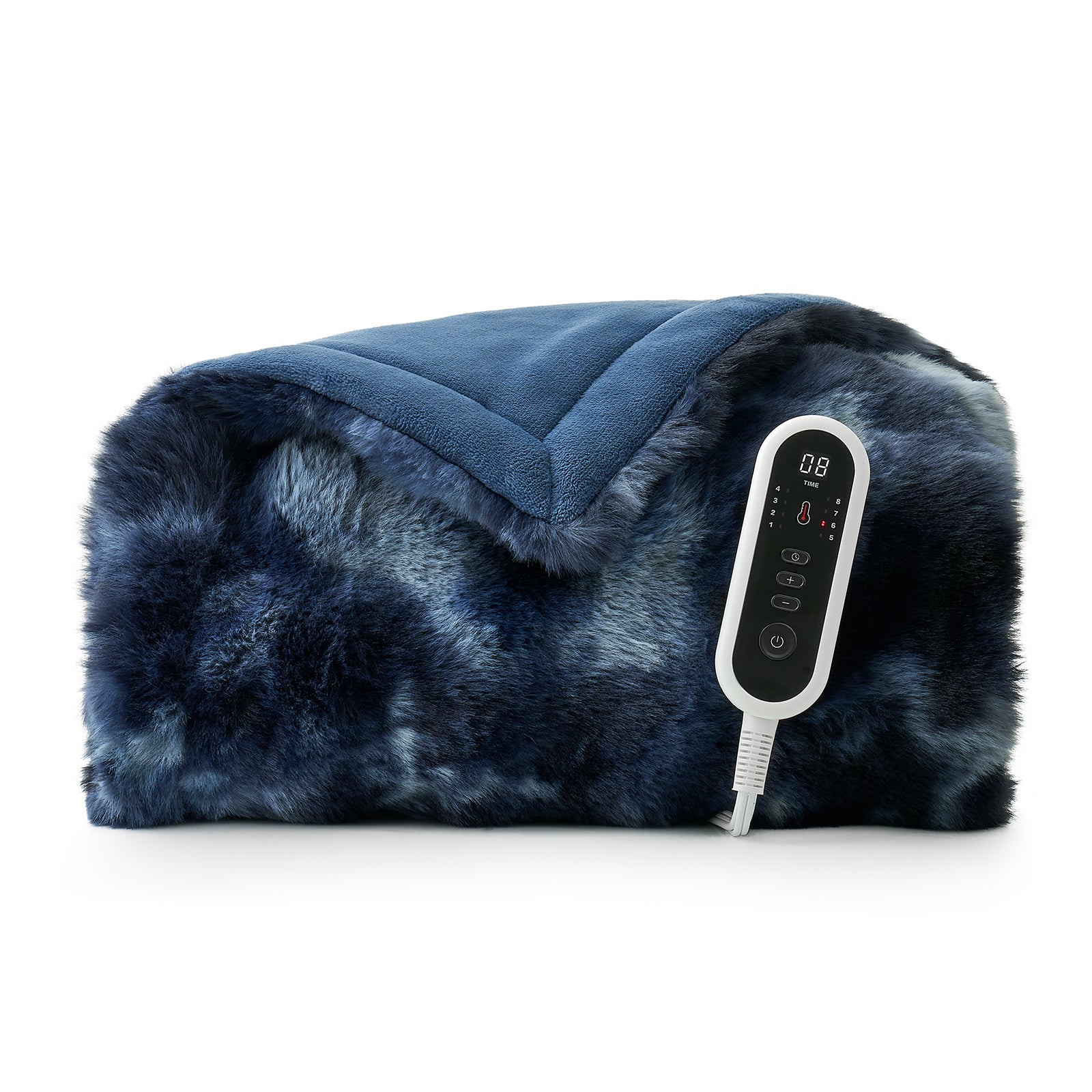 Snuggle Sac bubble faux fur electric blanket in Tie-dye Blue folded with controller front view #color_Tie-dye Blue