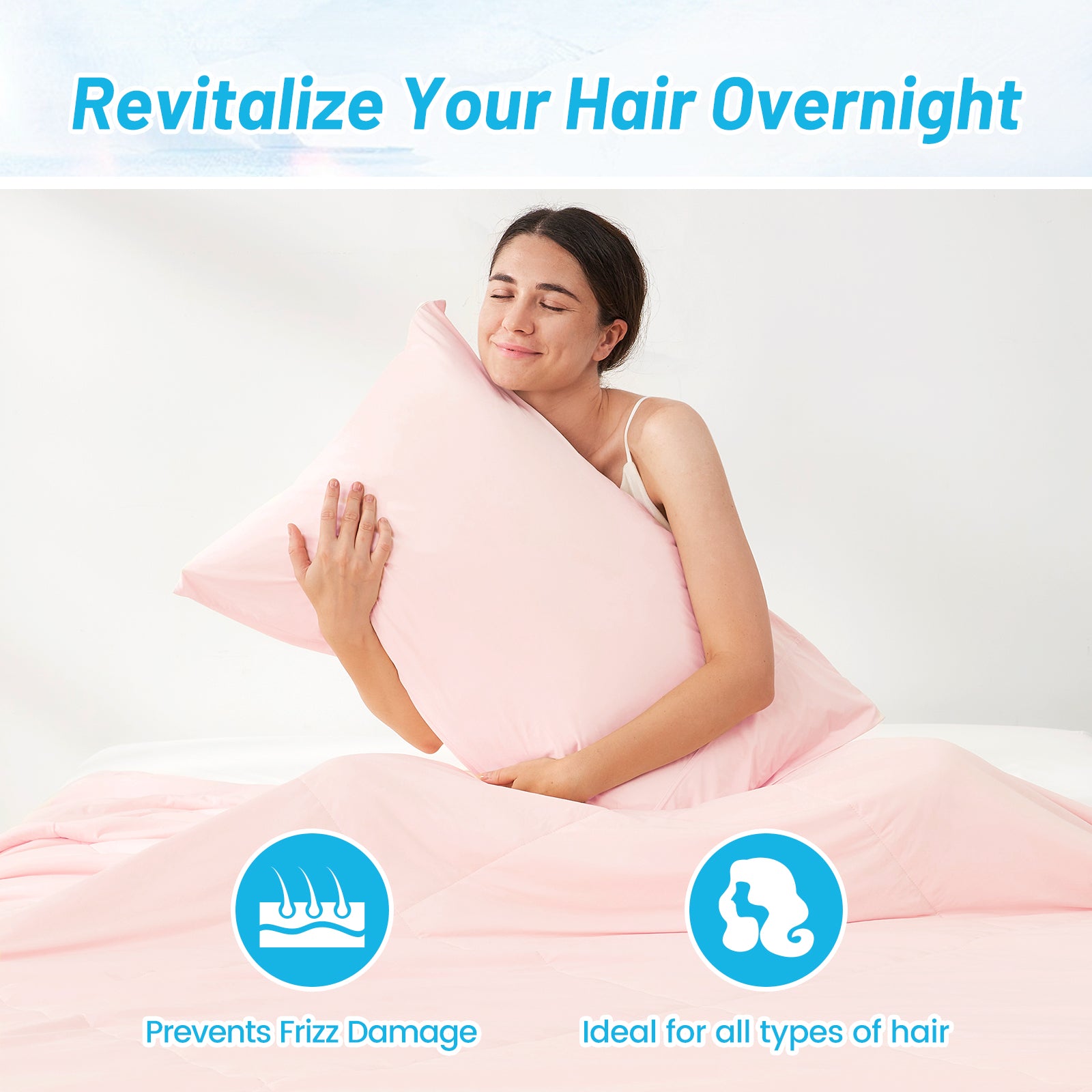 Woman holding a pink Snuggle Sac pillow with text about hair care benefits.#Color_Pink
