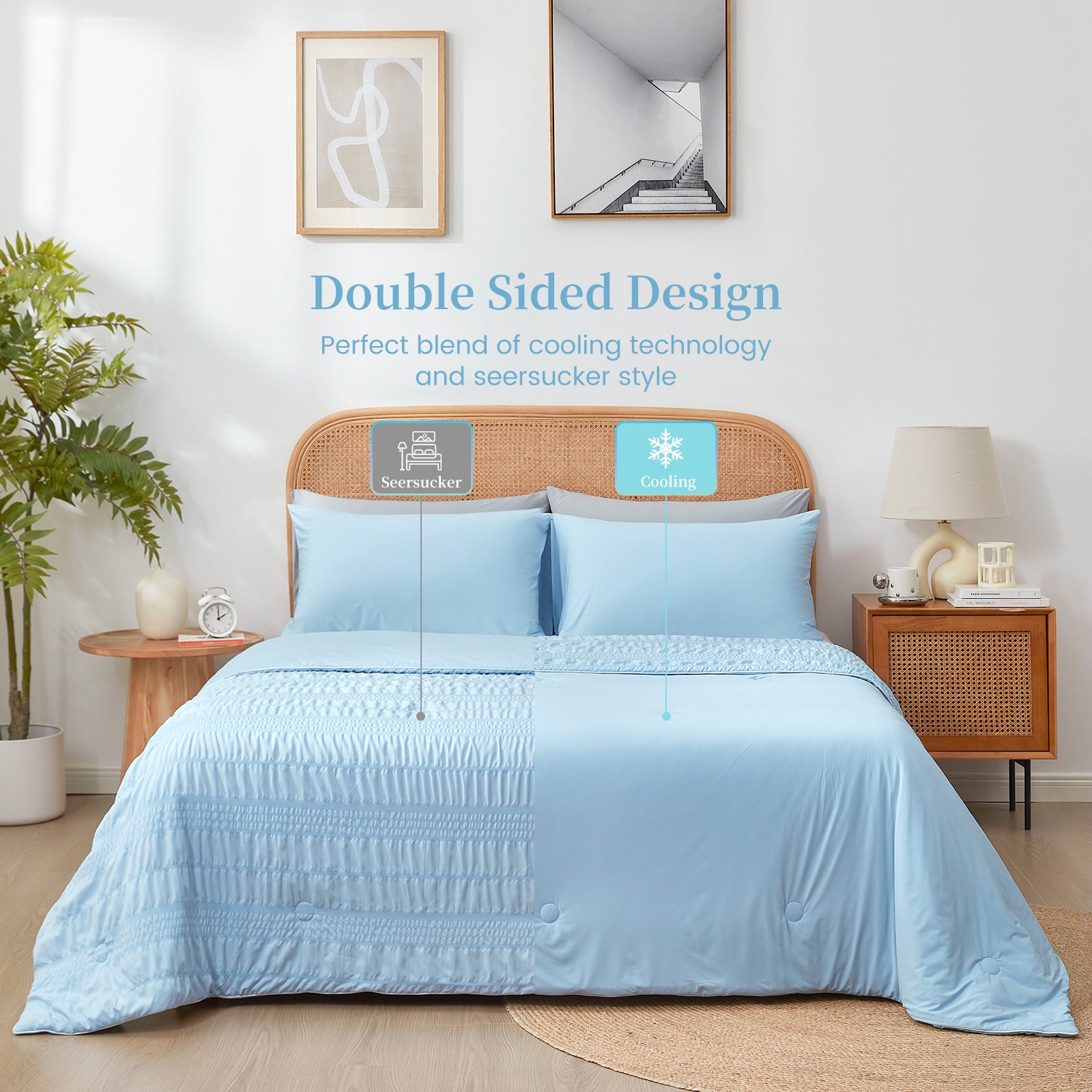 Snuggle Sac Cooling comforter with double design in blue on bed in a bedroom with plants#color_Blue