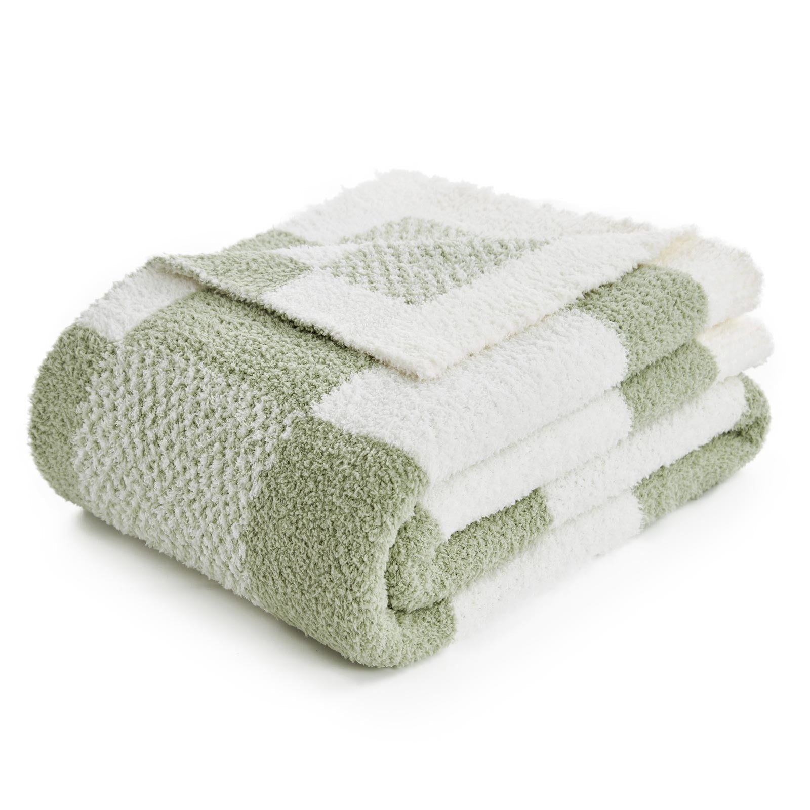 Folded Snuggle Sac Checkered Feather Yarn Knit Throw Blanket#Color_Sage Green