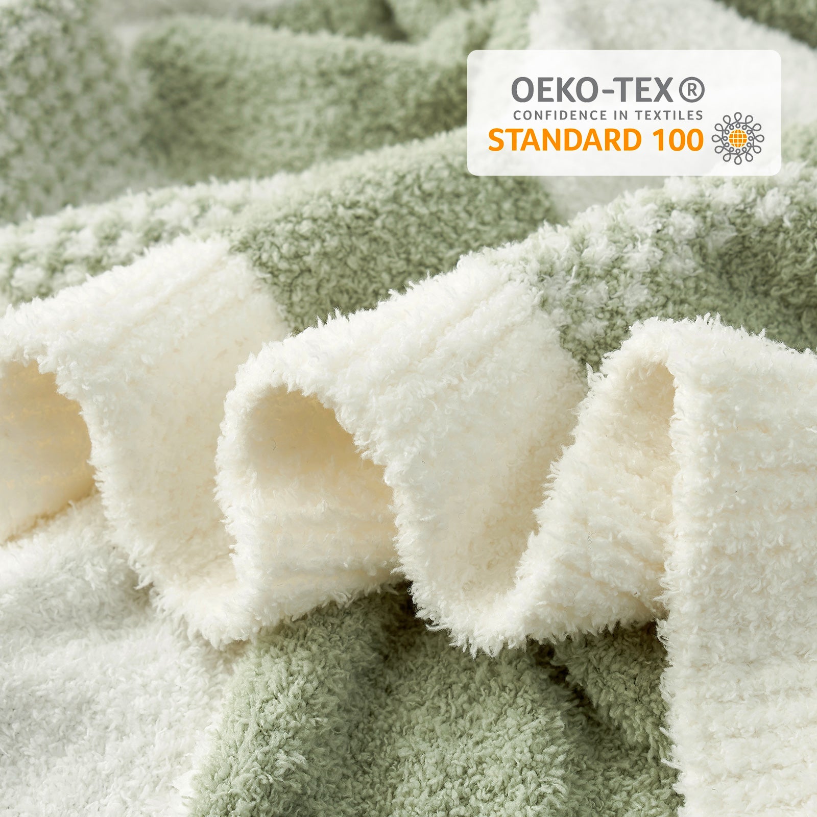 Close up of Snuggle Sacs Checkered Feather Yarn Knit Throw Blanket with OEKO-TEX Certificate#Color_Sage Green