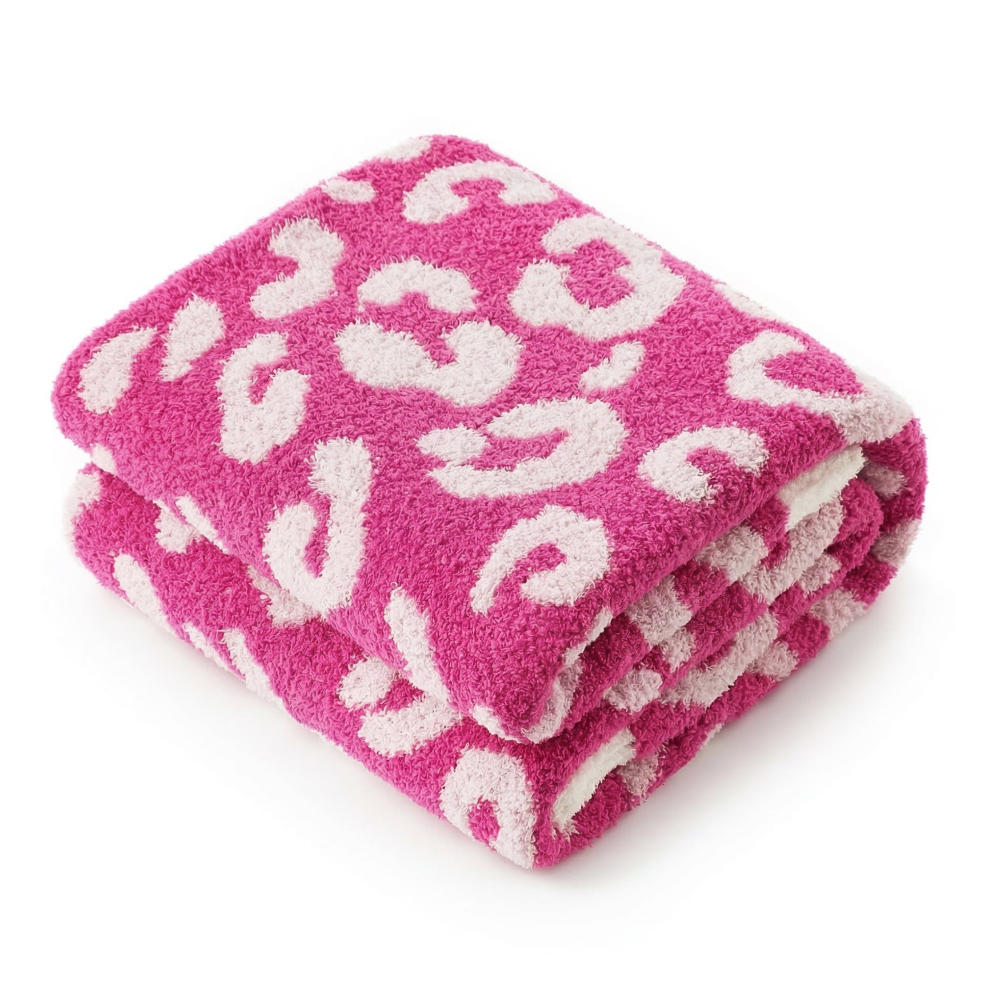 Folded Snuggle Sacs Reversible Leopard Feather Yarn Knit Throw Blanket#Color_Hot Pink