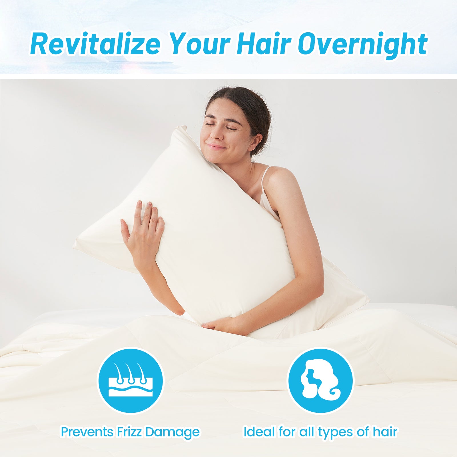 Woman holding a blue pillow with text about hair care benefits.#Color_White