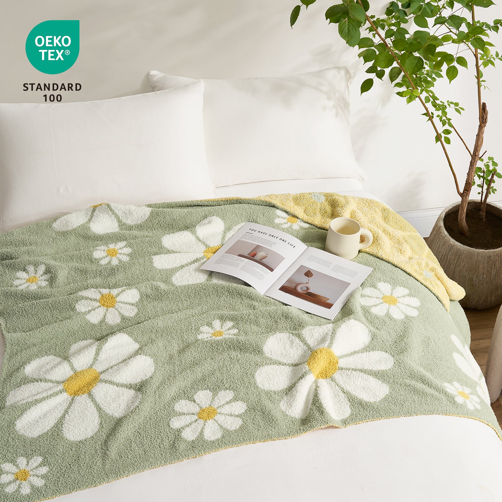 Close up of Spring Floral Feather Yarn Knit Throw Blanket with OEKO-TEX Certificate #Color_Sage Green