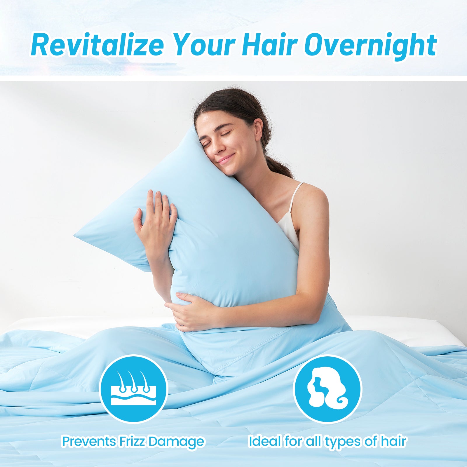 Woman holding a sky blue Snuggle Sac pillow with text about hair care benefits.#Color_Sky Blue