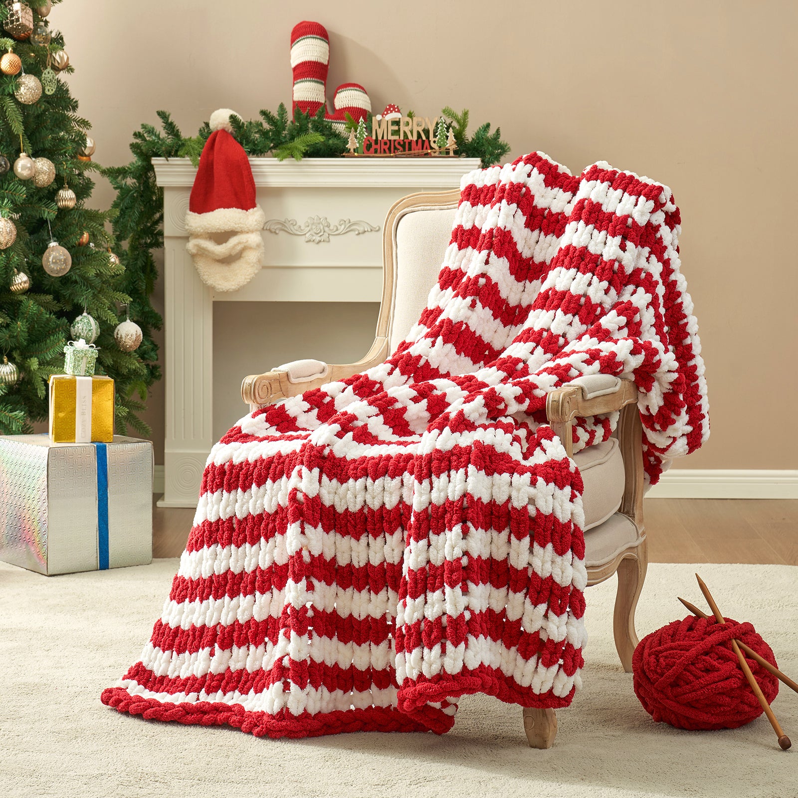 Snuggle Sac chunky chenille knit throw blanket in Red Stripe draped over a chair creating a cozy corner #color_Red Stripe