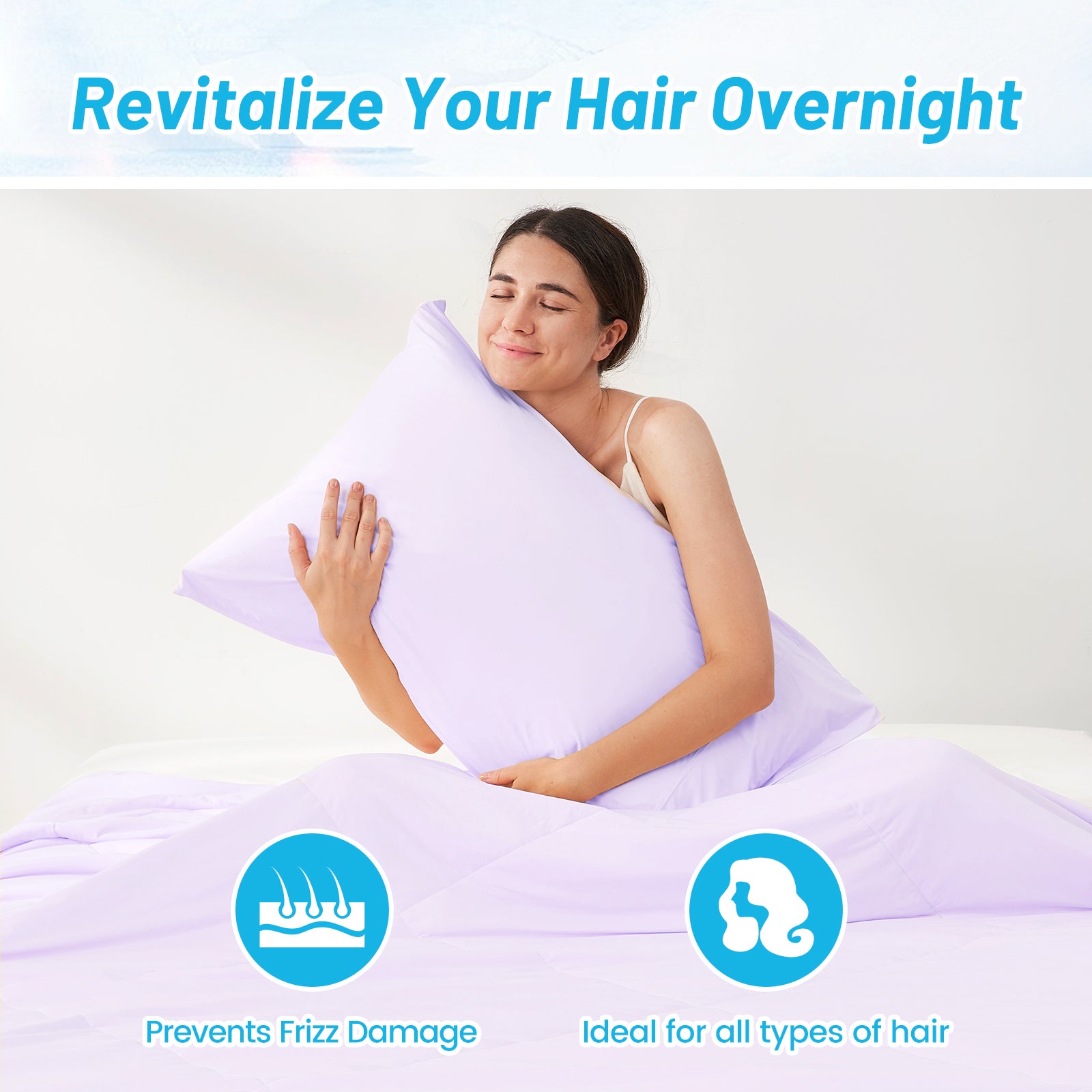 Woman holding a blue Snuggle Sac pillow with text about hair care benefits.#Color_Purple