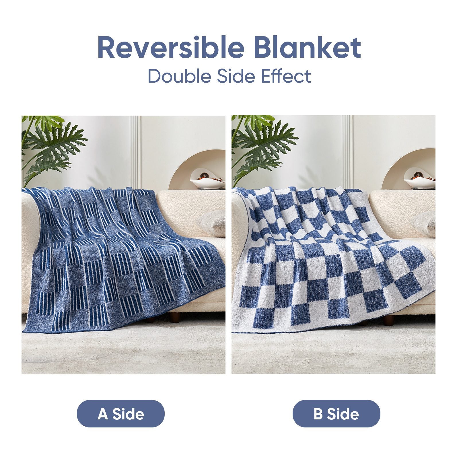 Comparison of Snuggle Sacs Reversible Heather Checkered Feather Yarn Knit Throw Blanket showing double side effects#Color_Heather Navy