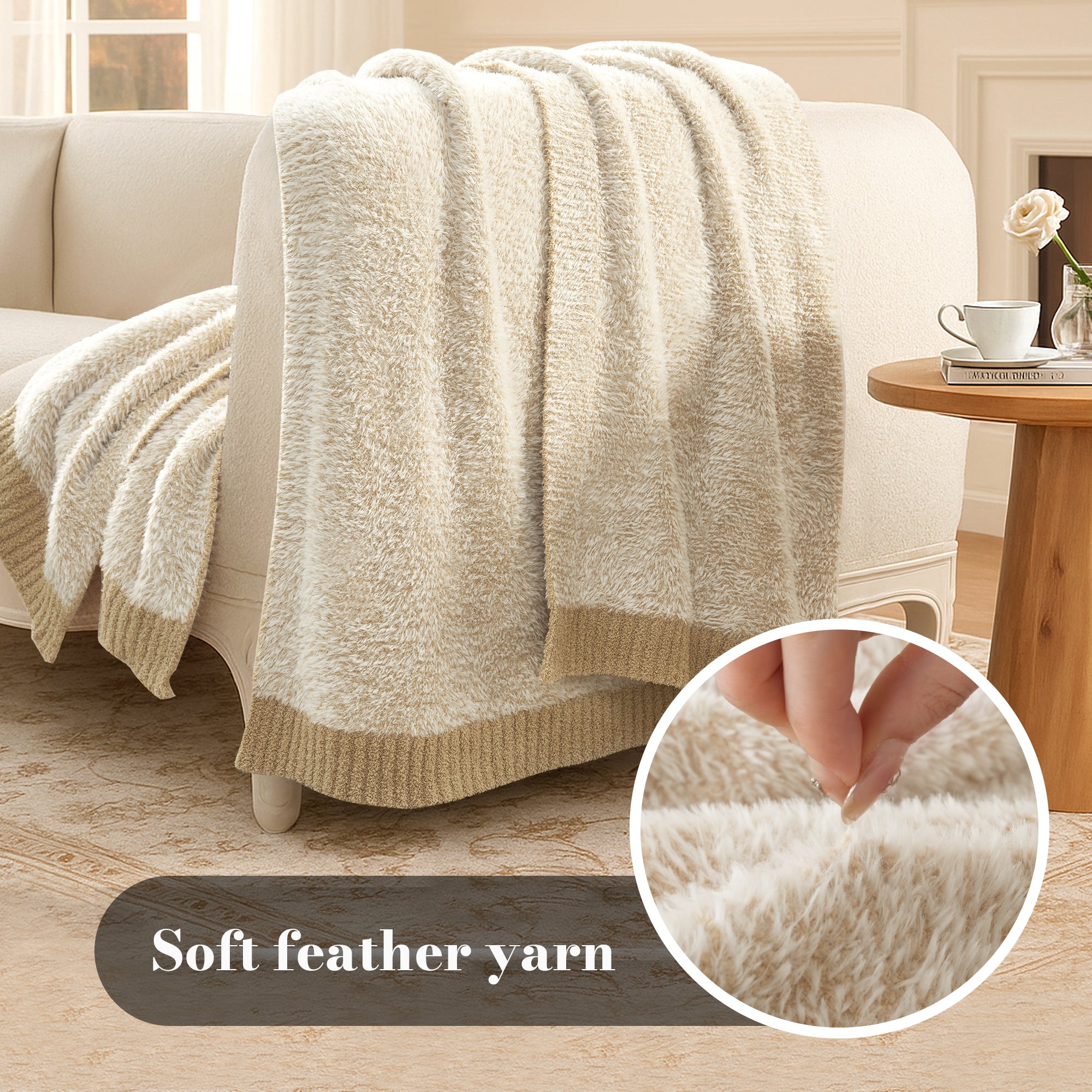 Ultrasoft faux fur knit throw blanket in Beige displayed on sofa, highlighting soft feather yarn texture #color_Beige