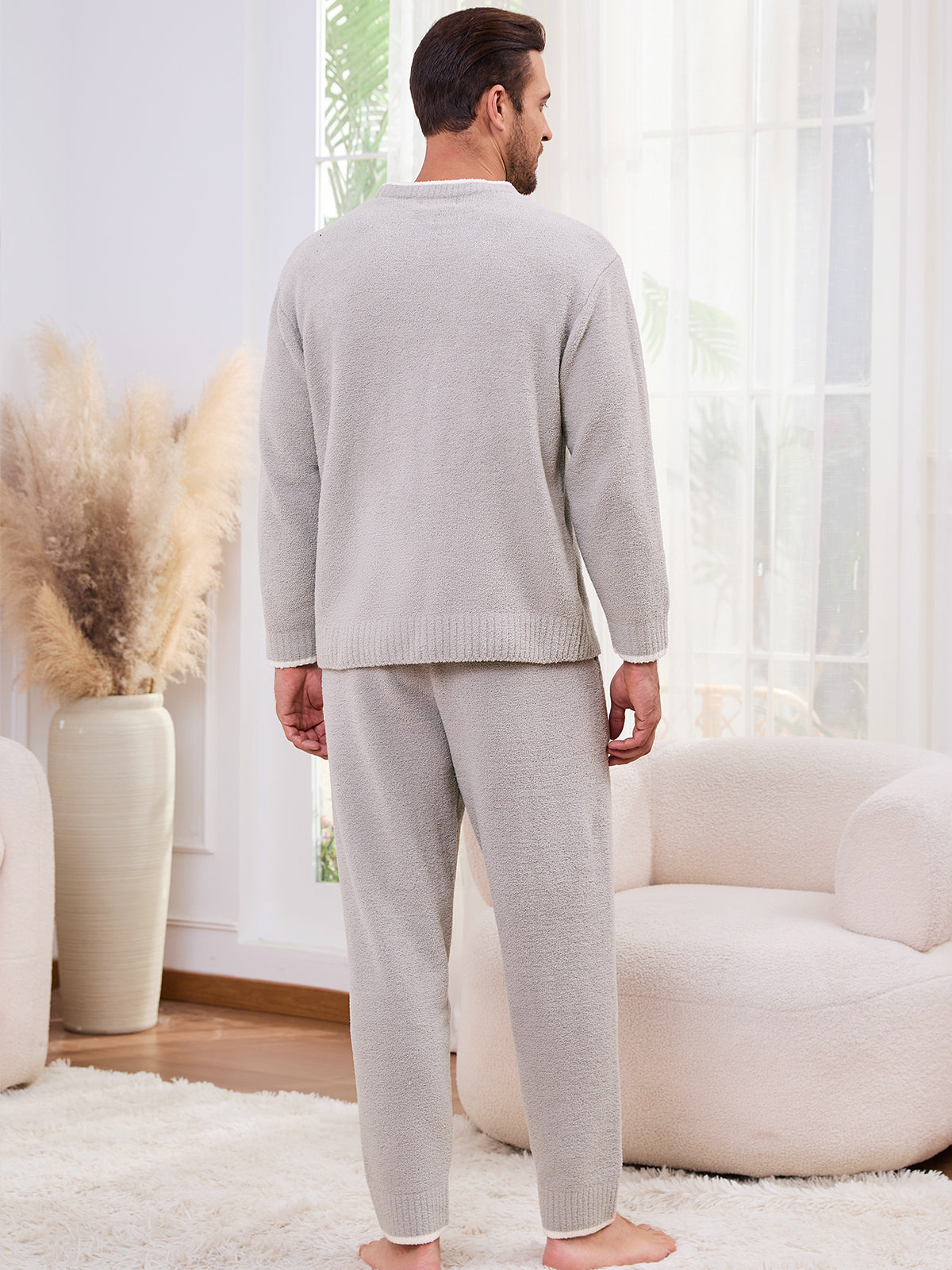 Snuggle Sac men long sleeve crewneck knit loungewear set in Light Grey, back view showcasing relaxed fit and soft knit texture #color_Light Grey