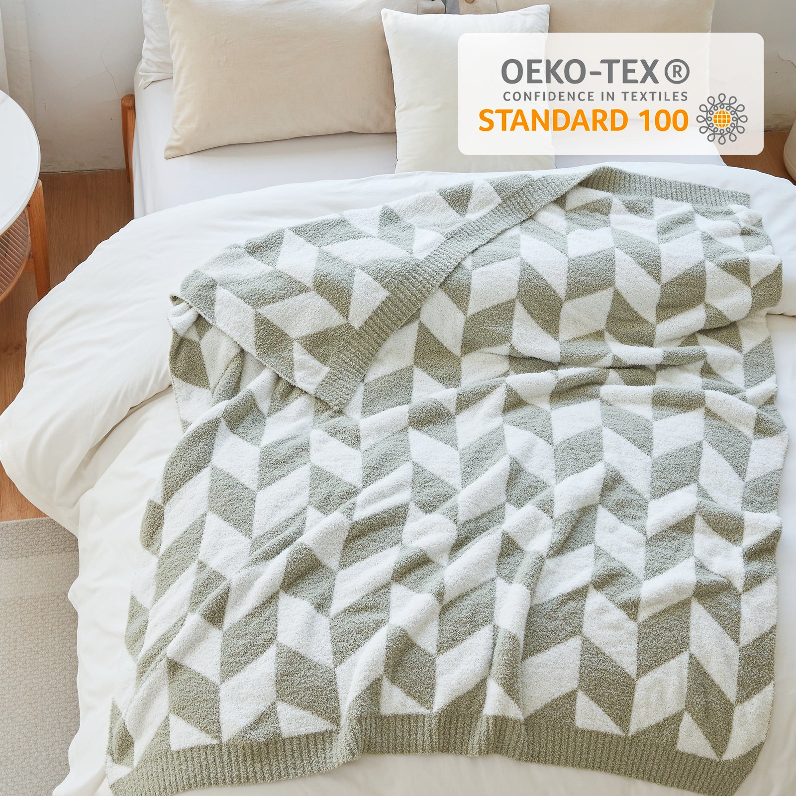 Close up of Snuggle Sacs Chevron Feather Yarn Knit Throw Blanket with OEKO-TEX Certificate#color_Sage Green