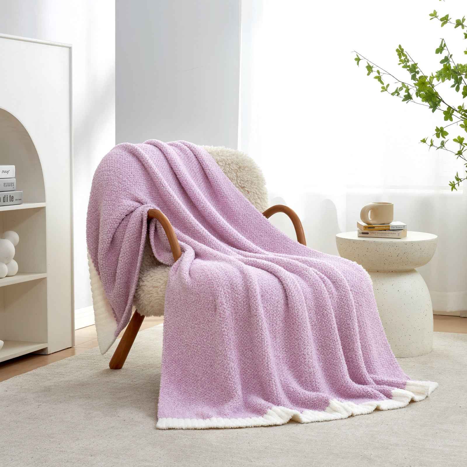 Snuggle Sac Heather Feather Yarn lilac Knit Throw Blanket on the chair#Color_Lilac