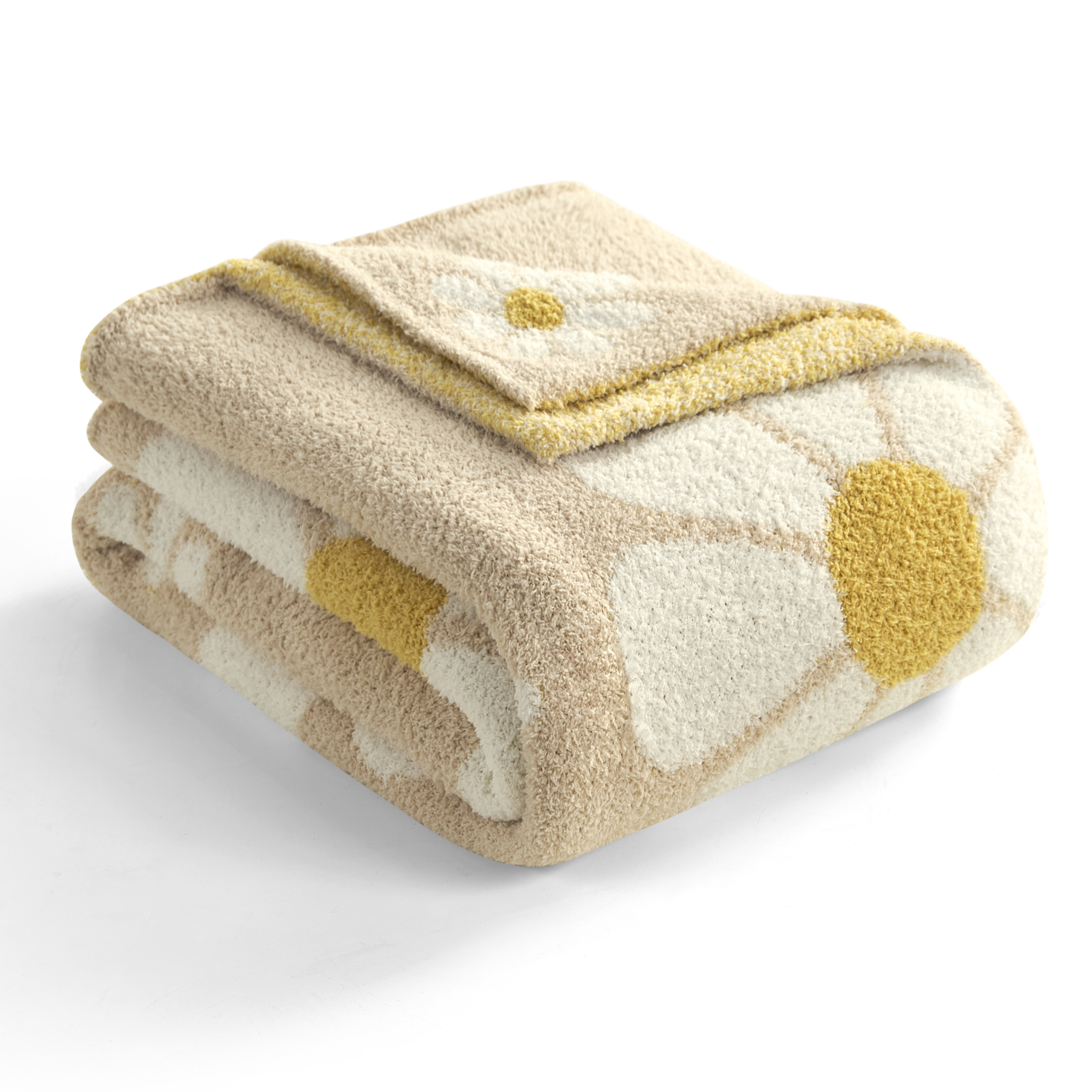 Folded Spring Floral Feather Yarn Knit Throw Blanket with white background#Color_Beige