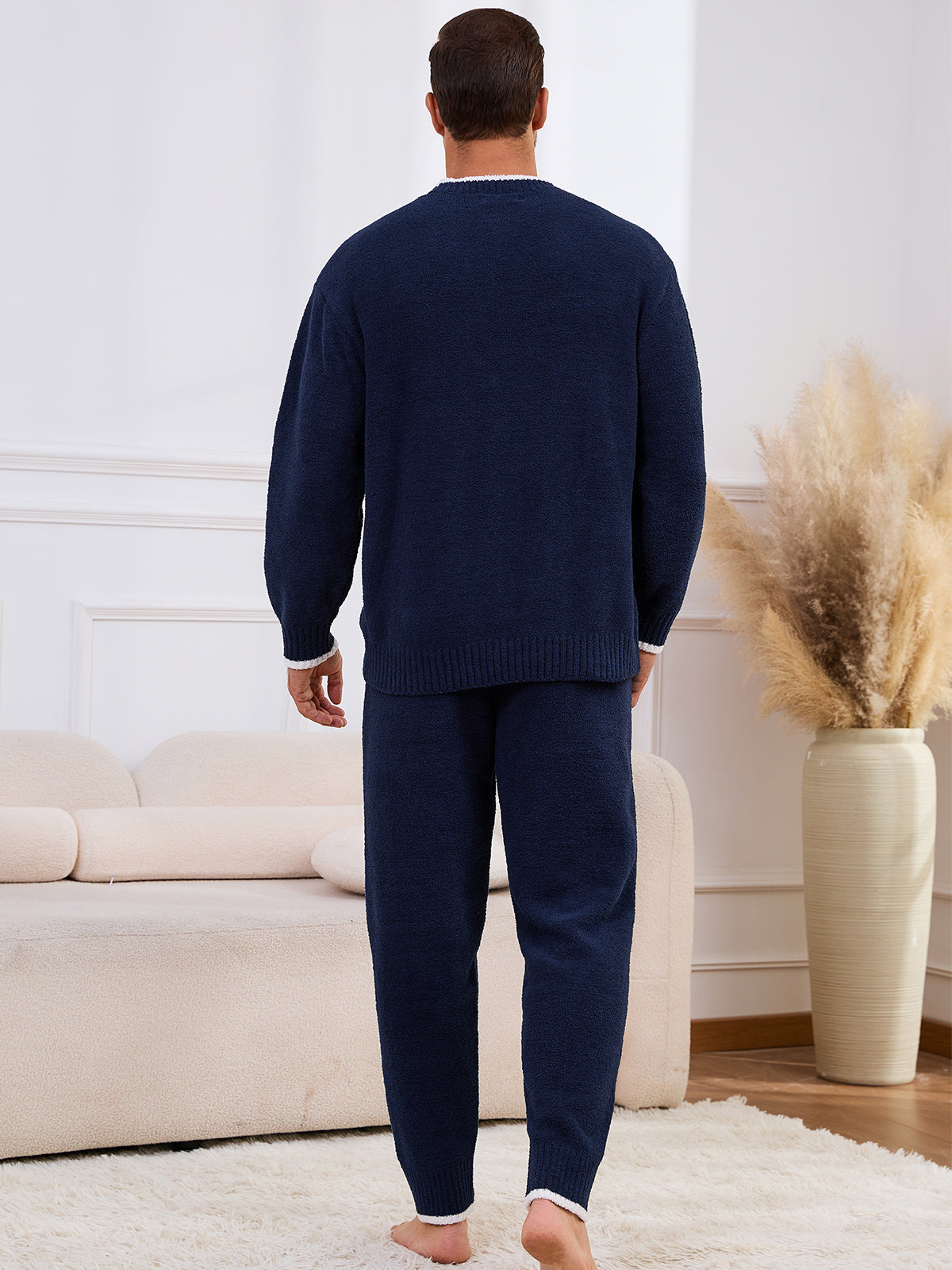 Snuggle Sac men long sleeve crewneck knit loungewear set in Navy, back view showcasing relaxed fit and soft knit texture #color_Navy