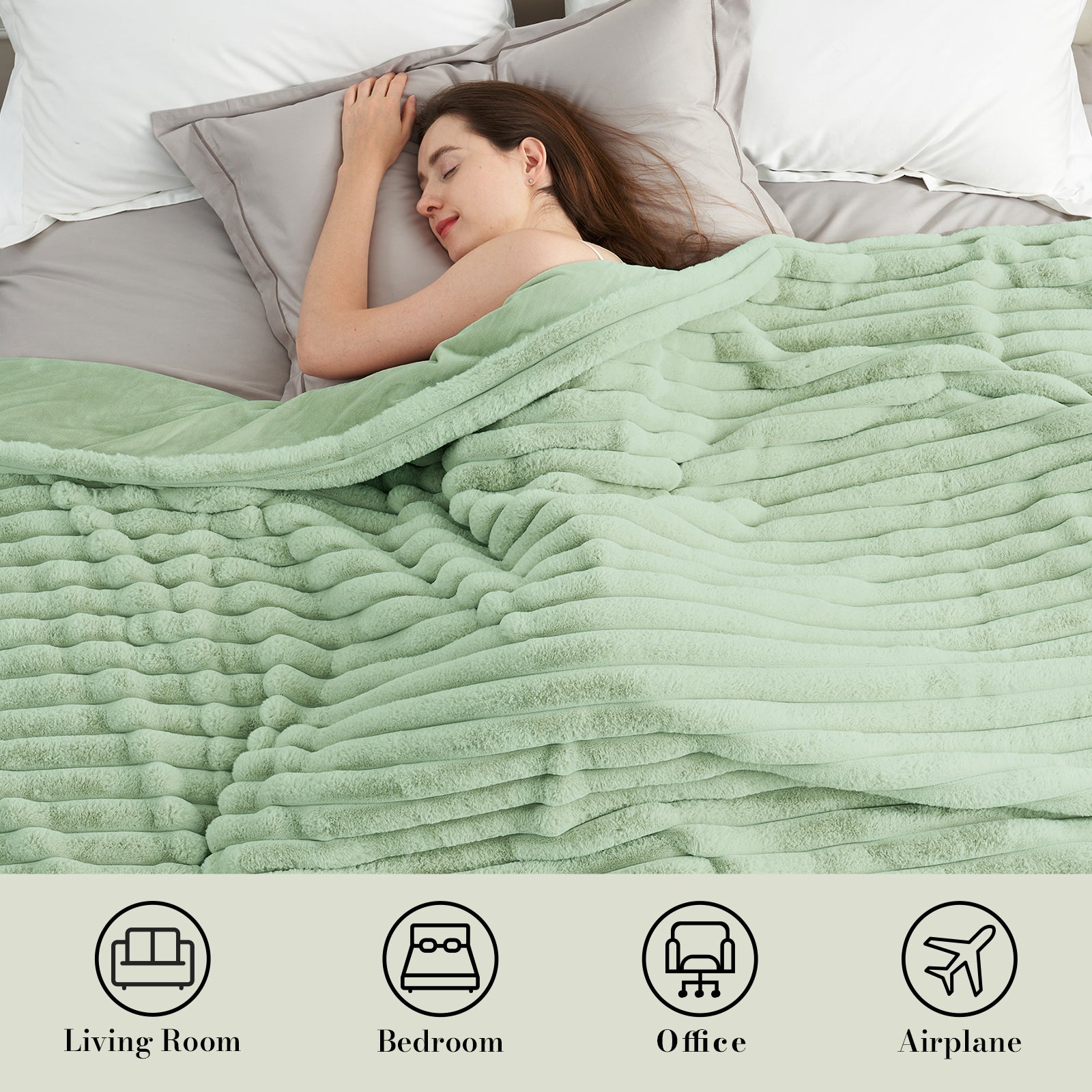 Woman sleeping under a striped faux fur throw blanket in Sage Green for soft and comfortable warmth #color_Sage Green
