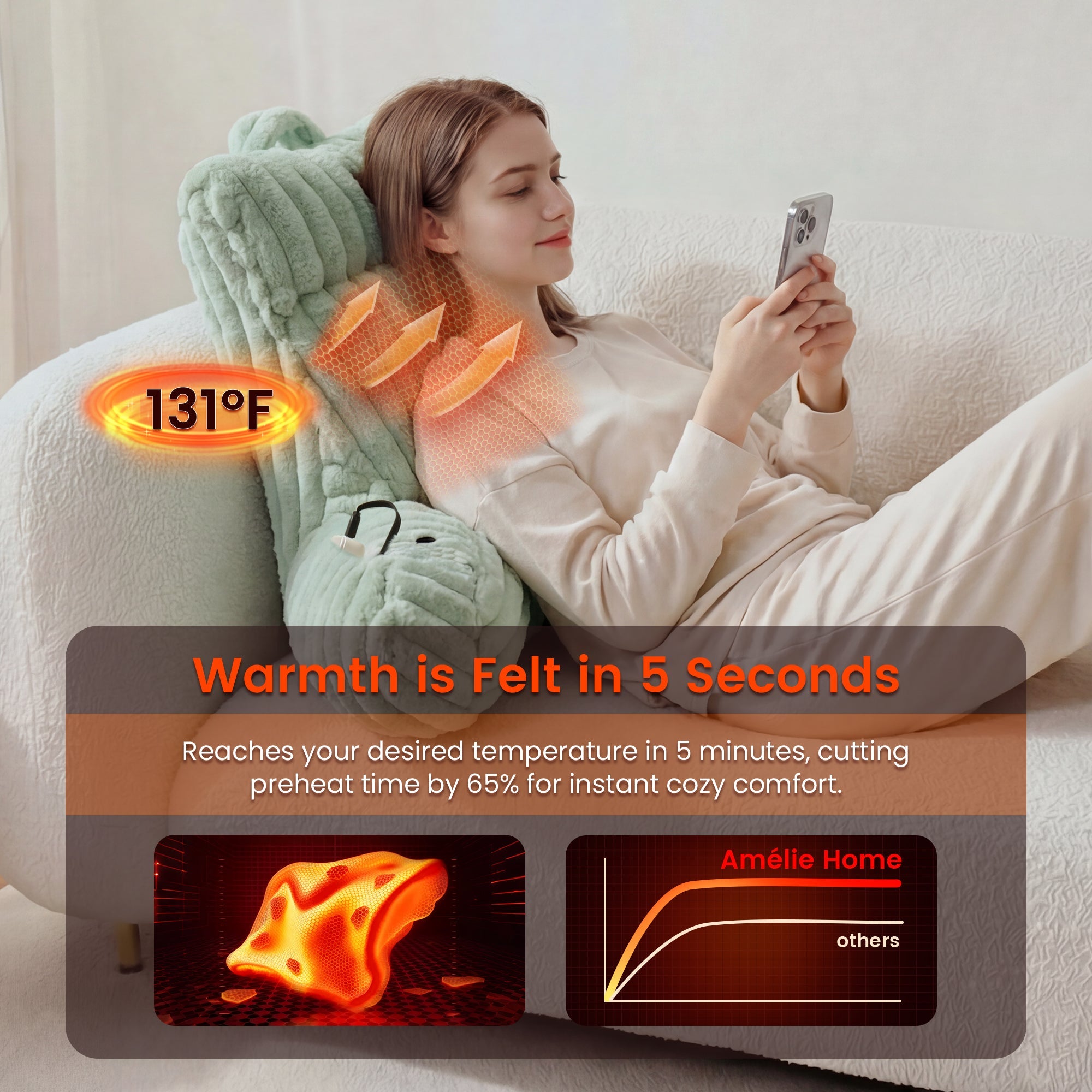 A woman laying on the Snuggle Sac Heated Faux Fur Backrest Reading Pillow in Sage Green featuring the warmth that is felt in 5 seconds#color_Sage Green