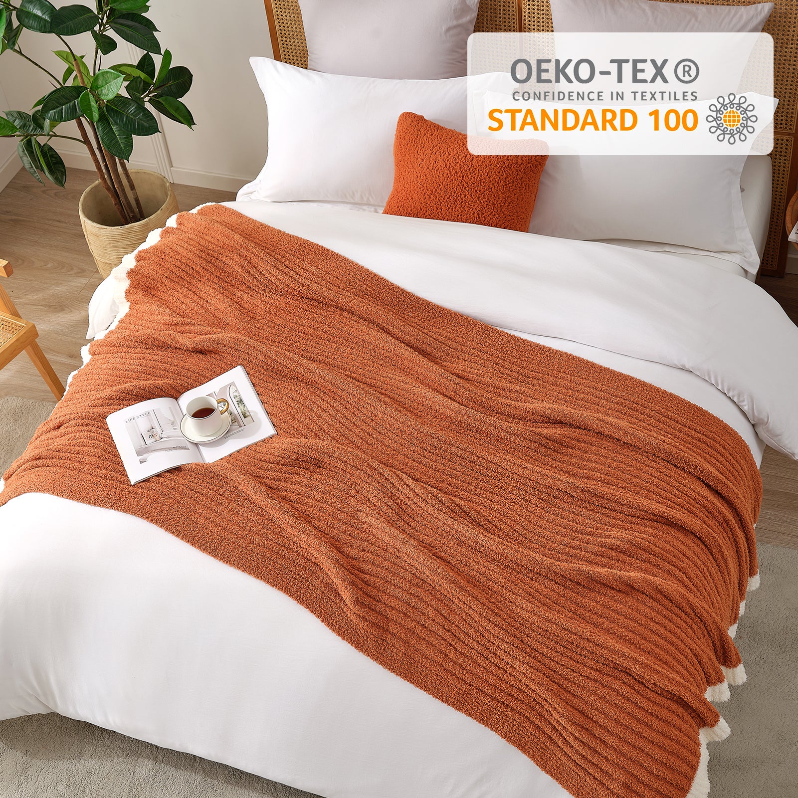 Snuggle Sac UltraSoft Ribbed Feather Yarn Knit Throw Blanket with OEKO-TEX Certificate#color_Burnt Orange