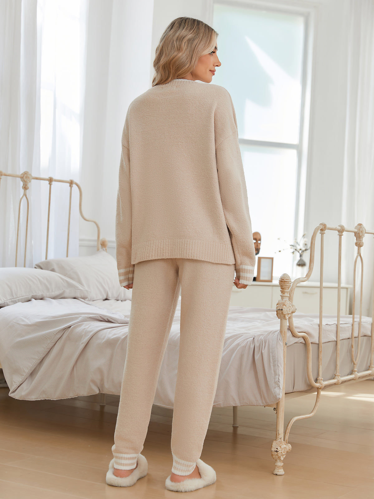 Snuggle Sac women long sleeve crewneck knit loungewear set in Beige, back view showcasing relaxed silhouette and soft knit texture #color_Beige
