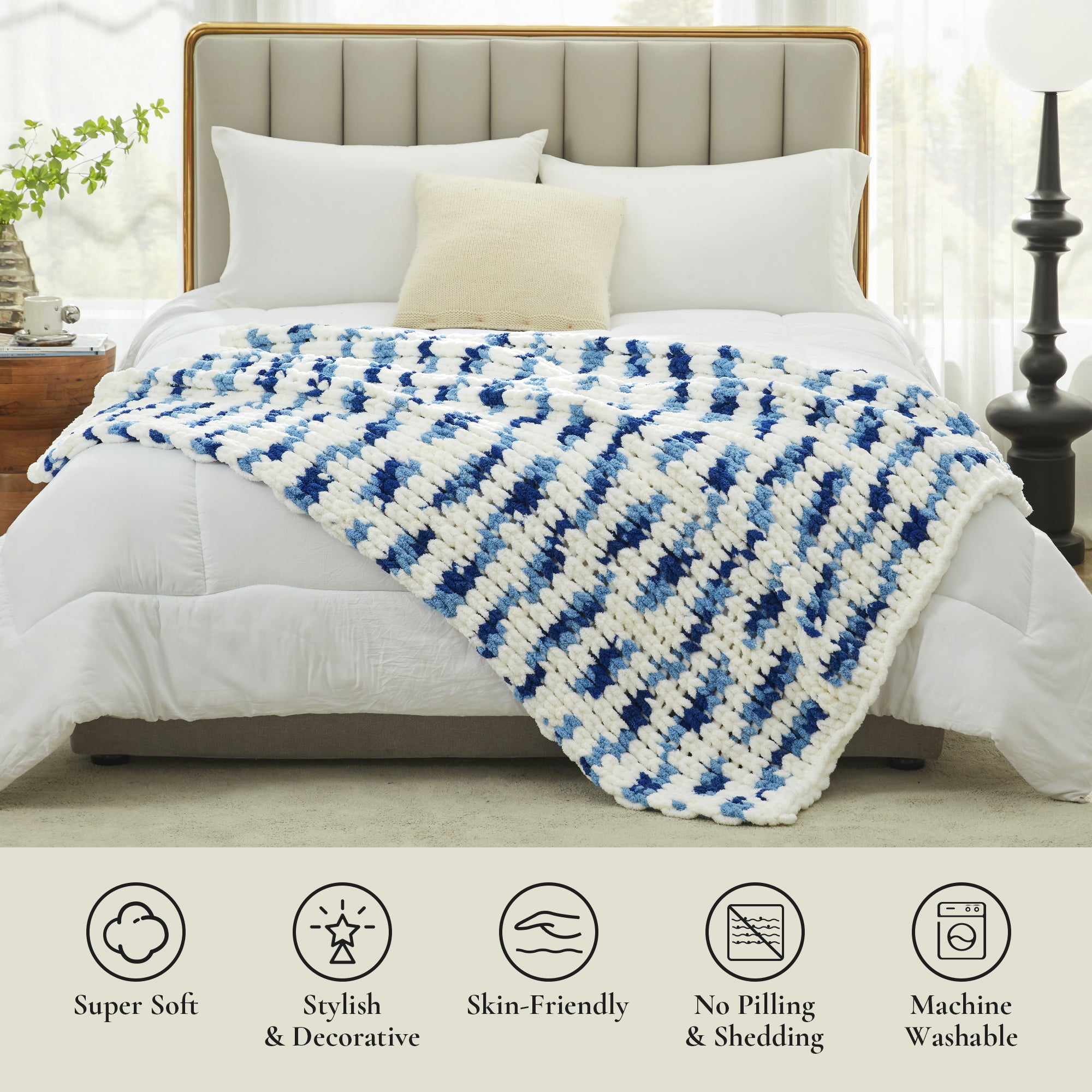 Handmade chunky chenille knit throw blanket in Blue Stripe placed on bed showing soft skin friendly and machine washable features #color_Blue Stripe