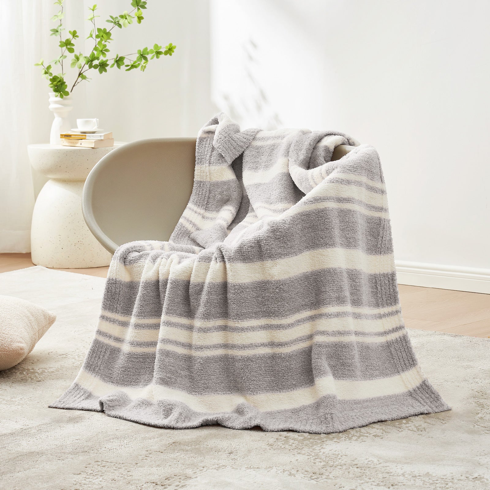 Striped Feather Yarn Knit Throw Blanket on a brown chair#Color_Grey