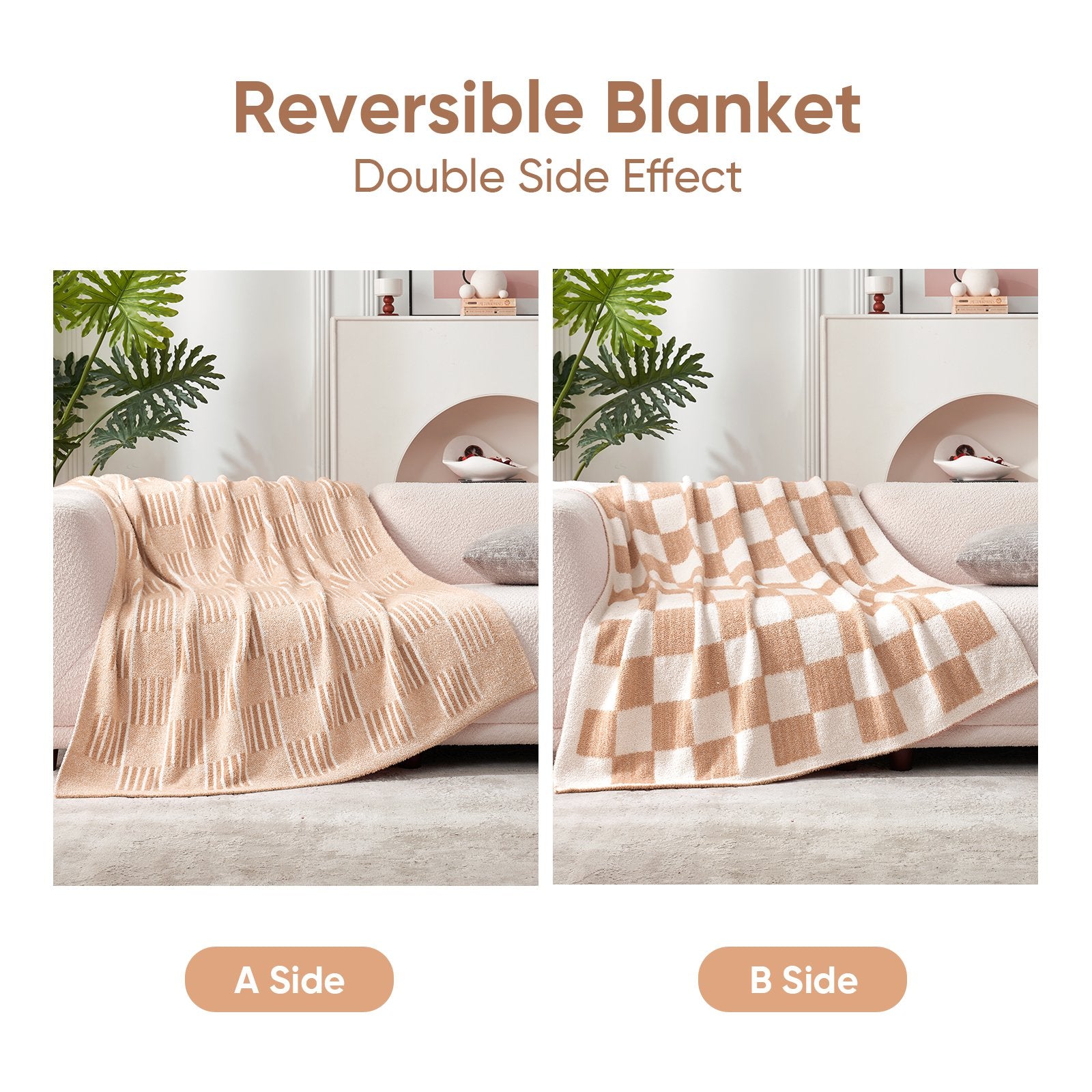 Comparison of Snuggle Sacs Reversible Heather Checkered Feather Yarn Knit Throw Blanket showing double side effects#Color_Heather Beige