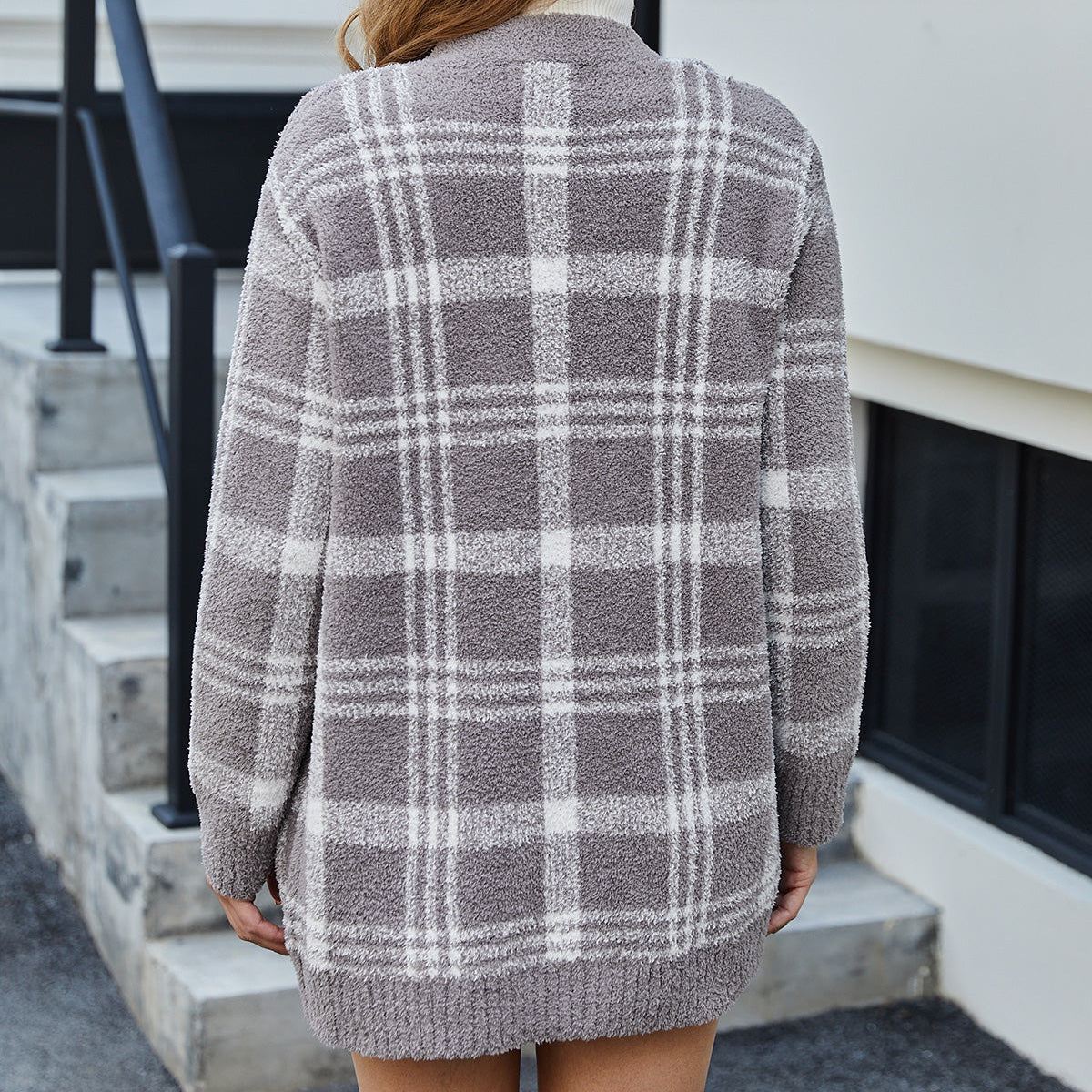 Back view of women cardigan sweater with pocket in Taupe Check, showcasing relaxed fit and soft knit texture #color_Taupe Check