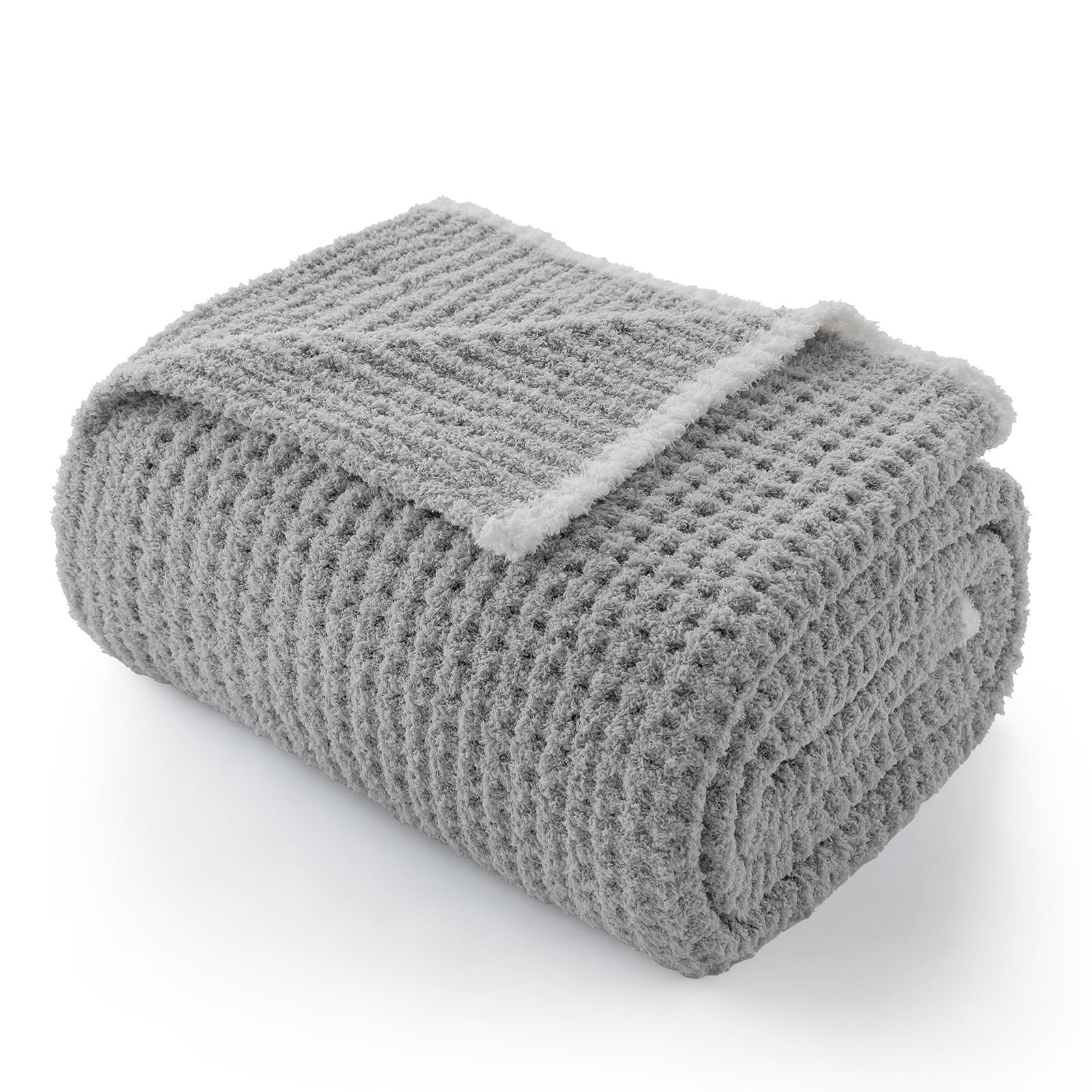 Folded Soft Waffle Feather Yarn Knit Throw Blanket with a white background #Color_Grey
