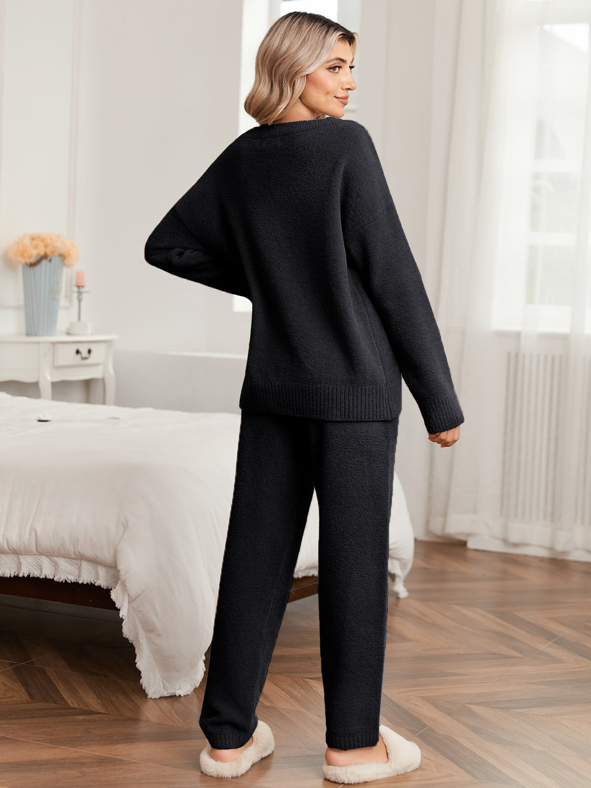 Snuggle Sac women long sleeve V-neck knit loungewear set in Blue, back view showcasing soft knit texture and relaxed silhouette #color_Black