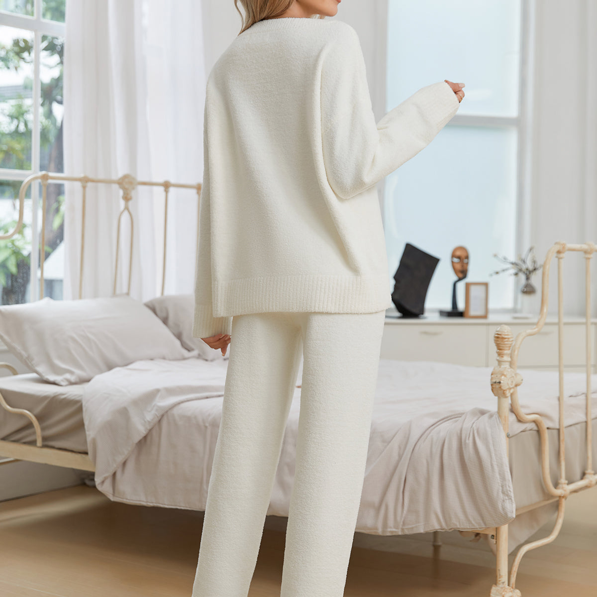 Snuggle Sac women long sleeve V-neck knit loungewear set in Ivory, back view showcasing soft knit texture and relaxed silhouette #color_Ivory