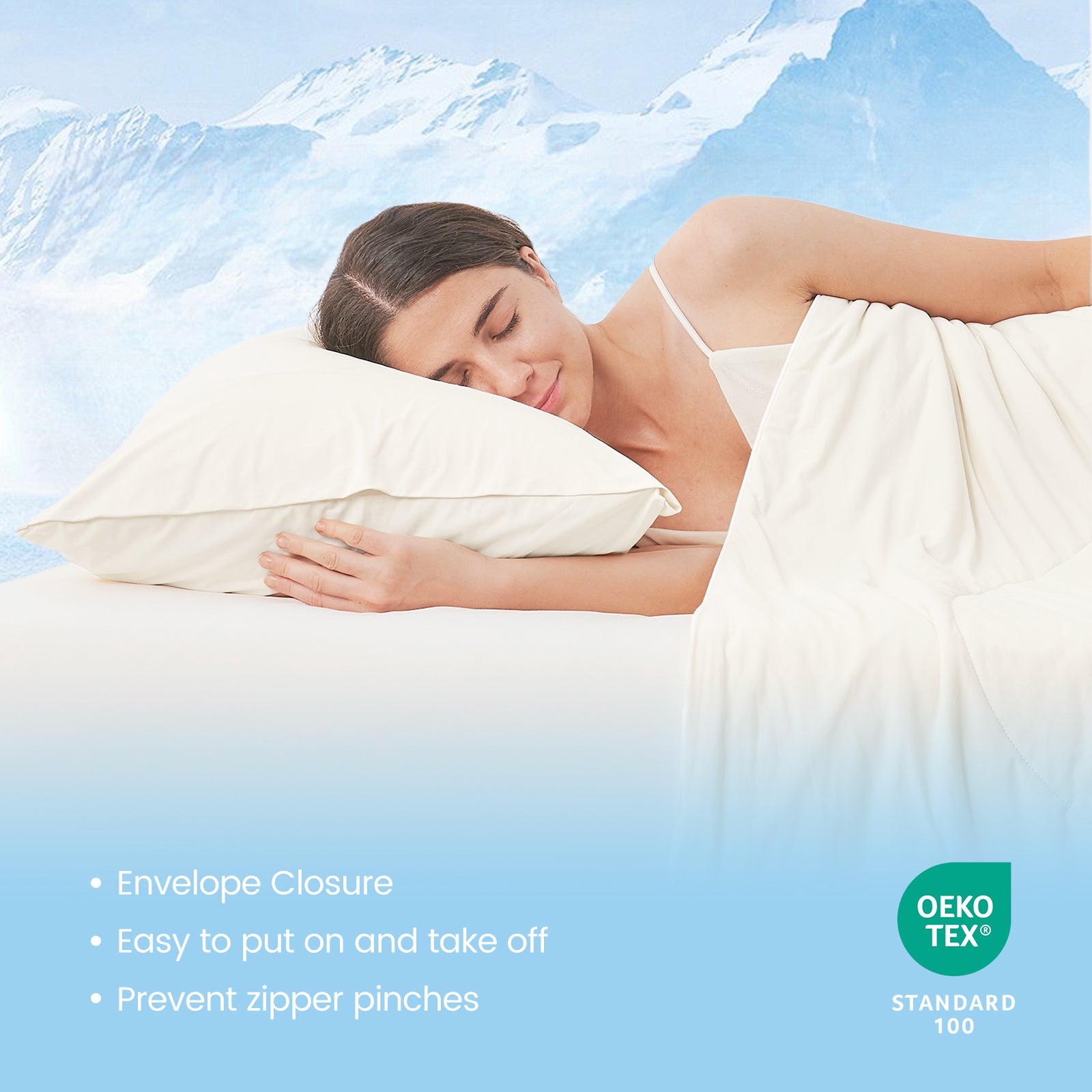 Woman sleeping with OEKO-TEX certified envelope pillowcases.#Color_White