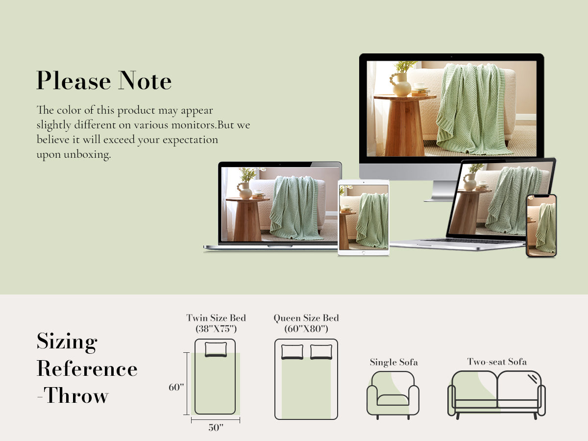 Size guide and multi-scene display of SnugCozy chunky knit throw blanket across different devices
